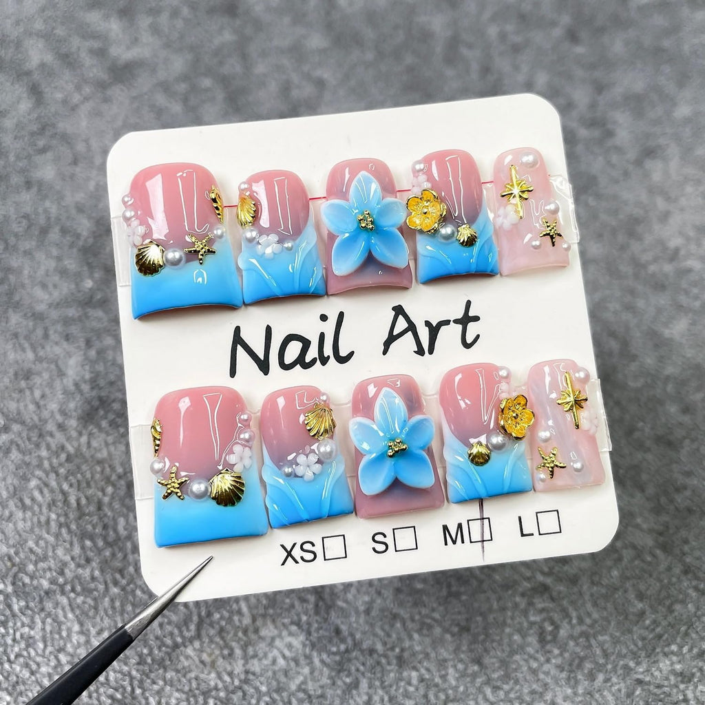Flower Press on Nails Short Duck – Blue White Gradient French Tip with 3D Golden Flower & Pearl