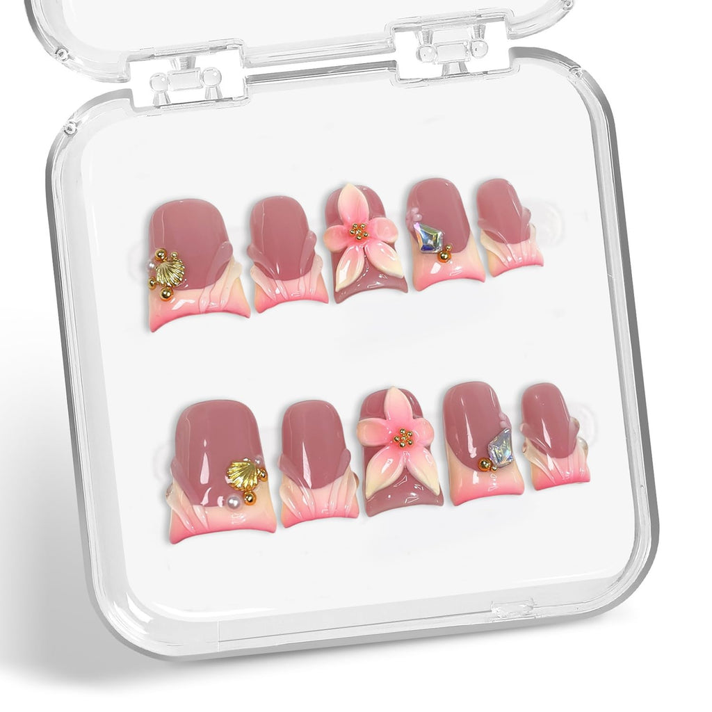 Flower Press On Nails 10 Pcs – Duck Design with Golden Shell, Gradient French Tip | Full Cover Artificial Nails