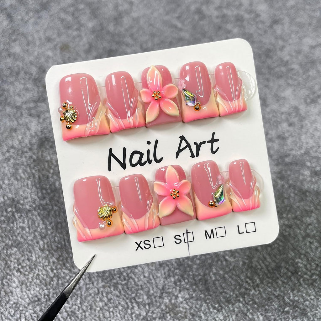 10 Pcs Flower Press On Nails – Handmade Duck Golden Shell Designs & Gradient French Tip