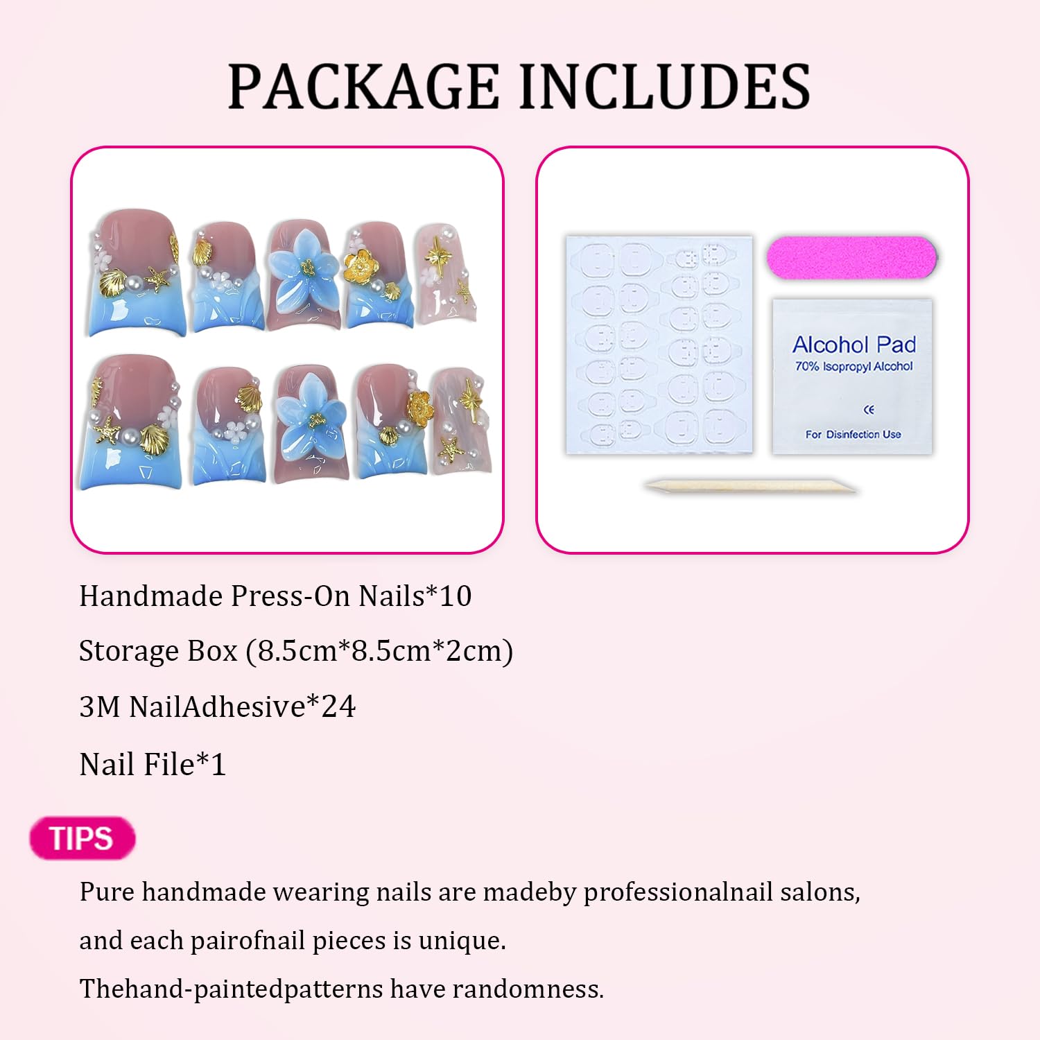 Flower Press on Nails Short Duck – Blue-White Gradient French Tip with 3D Flower, Starfish & Pearl (10pcs)