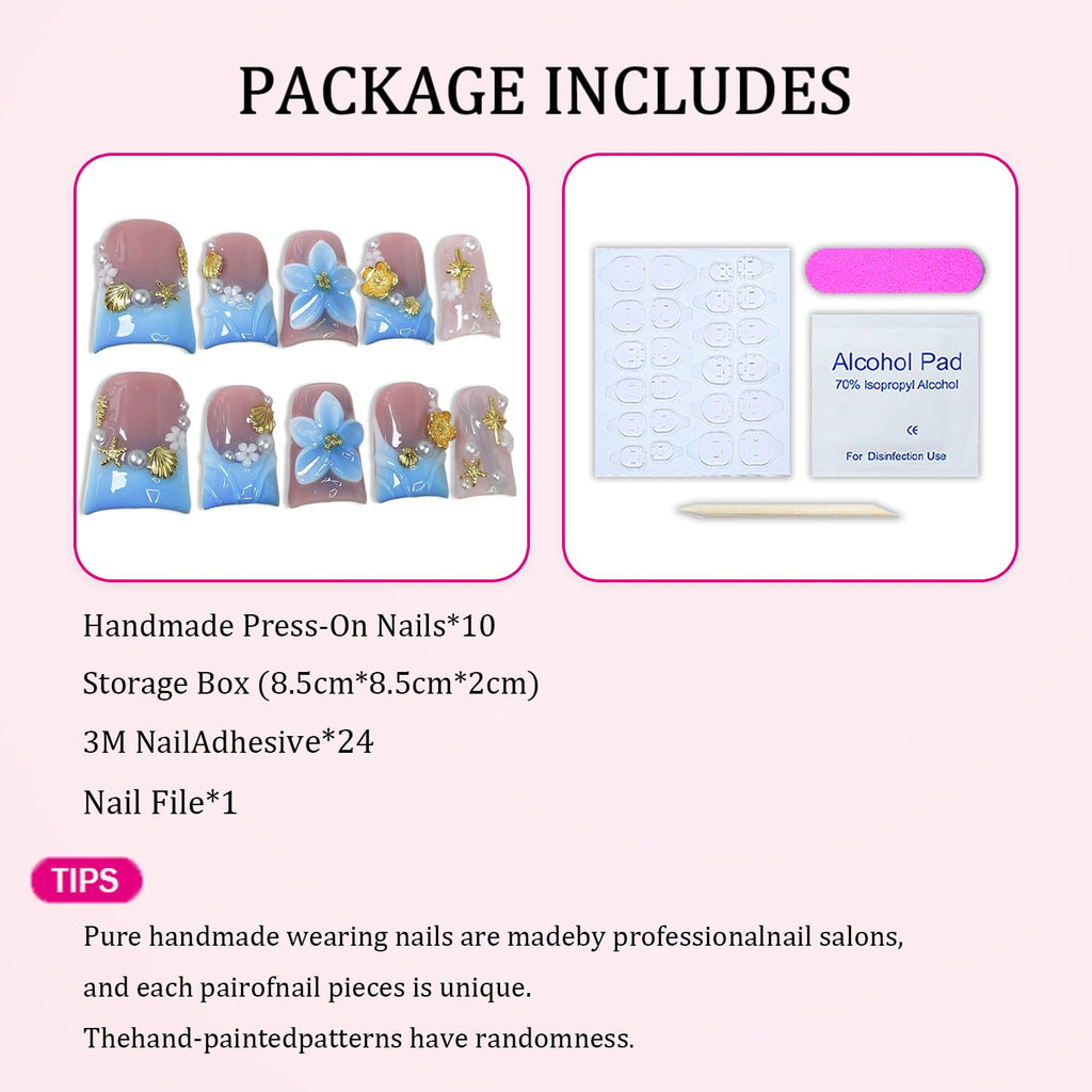 Flower Press on Nails Short Duck – Blue White Gradient French Tip with 3D Golden Flower & Pearl