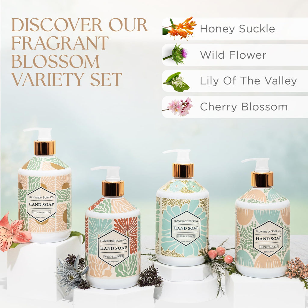 FlowerBox Liquid Hand Soap Set of 12 – 500 mL Decorative Pump Bottles, Four Scents Gift Pack