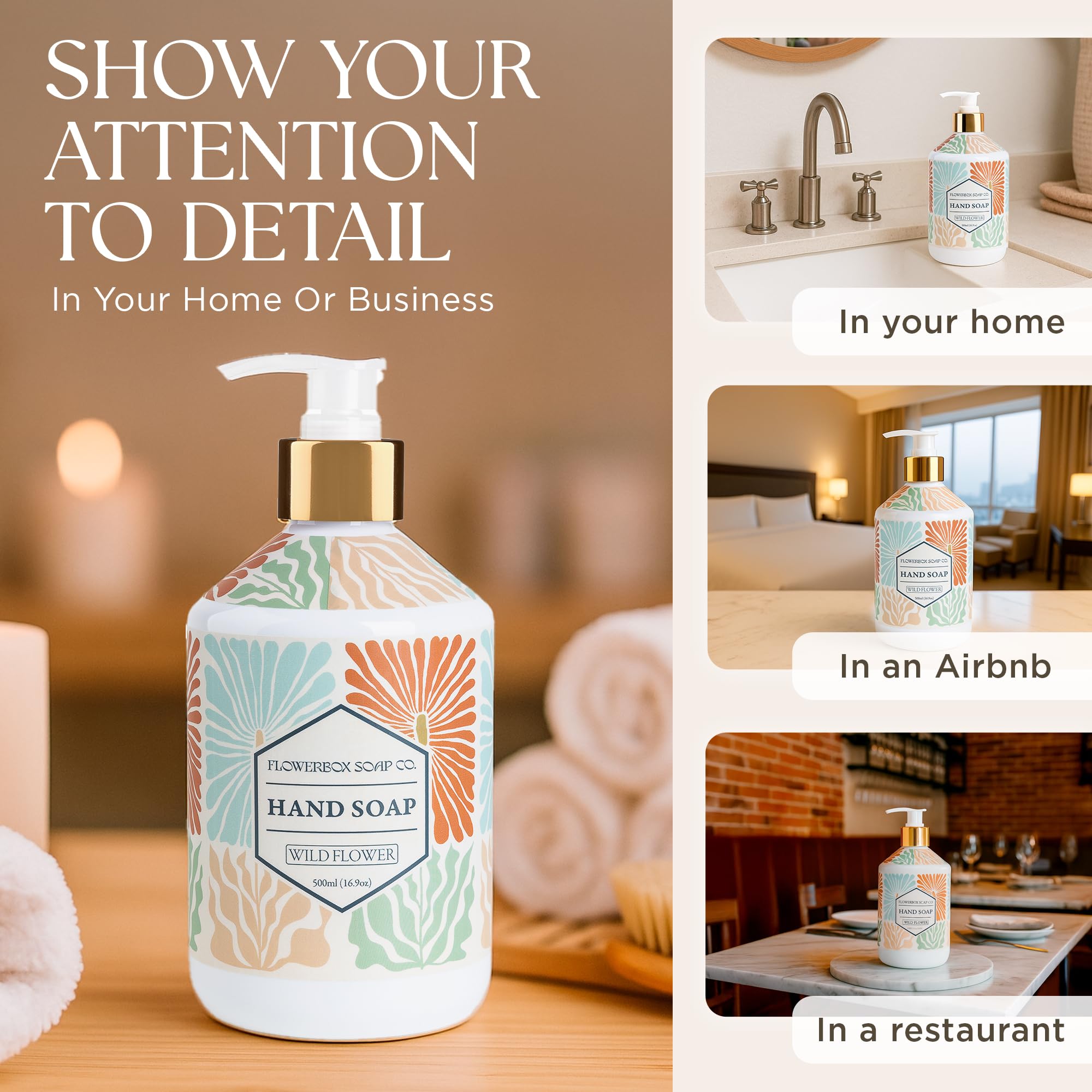 FlowerBox Liquid Hand Soap Set of 12 – 500 mL Decorative Pump Bottles, Four Scents Gift Pack