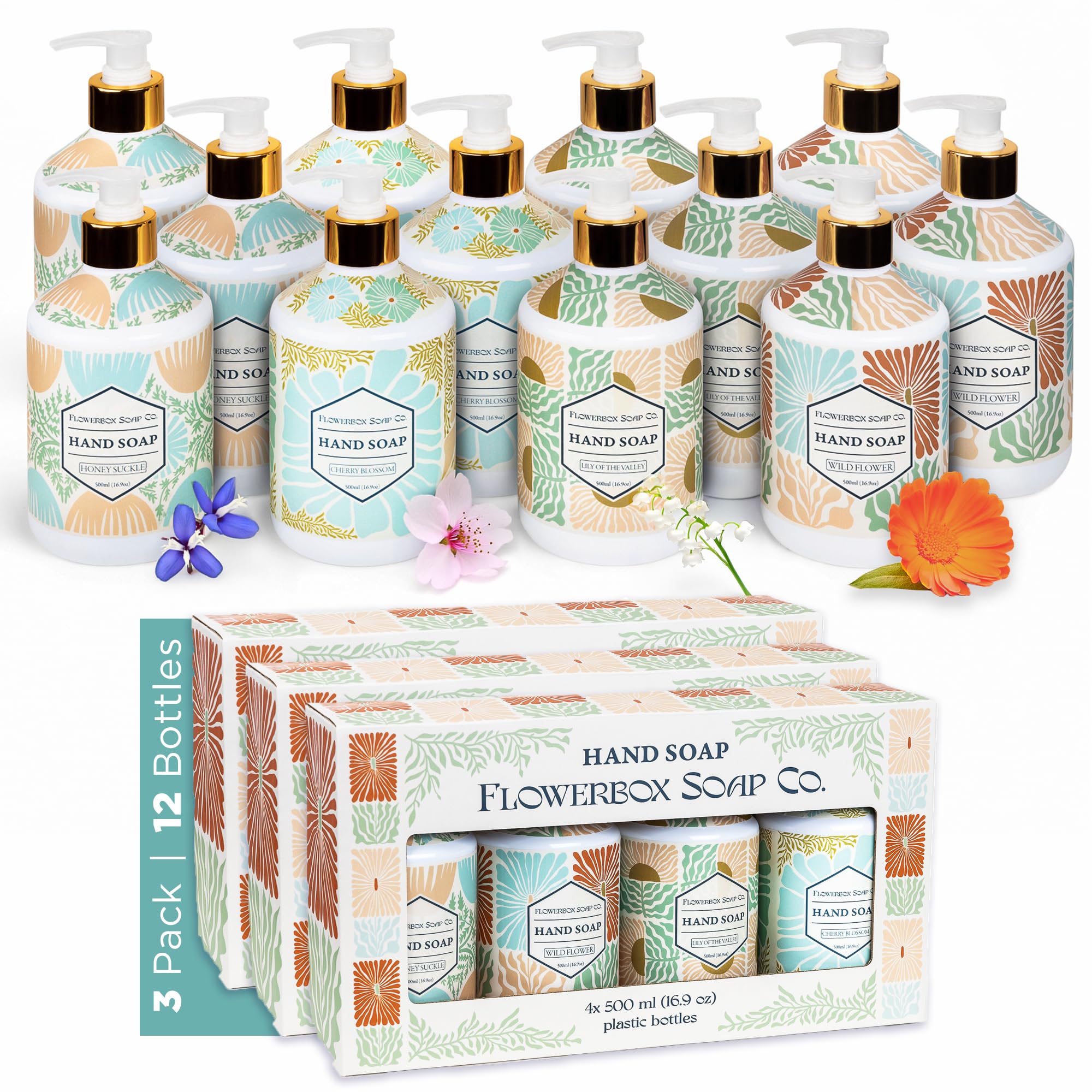 FlowerBox Liquid Hand Soap Set of 12 – 500 mL Decorative Pump Bottles, Four Scents Gift Pack