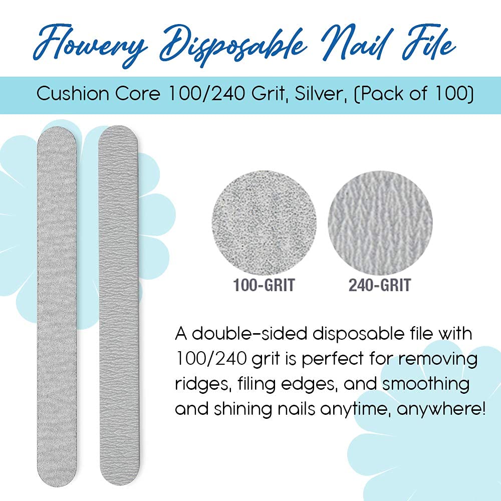 Flowery Pro Cushion Core Disposable Nail Files — 100 Count, Double-Sided 100/240 Grit