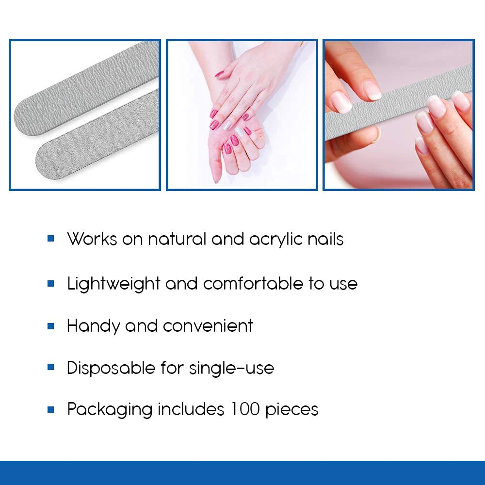 Flowery Pro Cushion Core Disposable Nail Files — 100 Count, Double-Sided 100/240 Grit