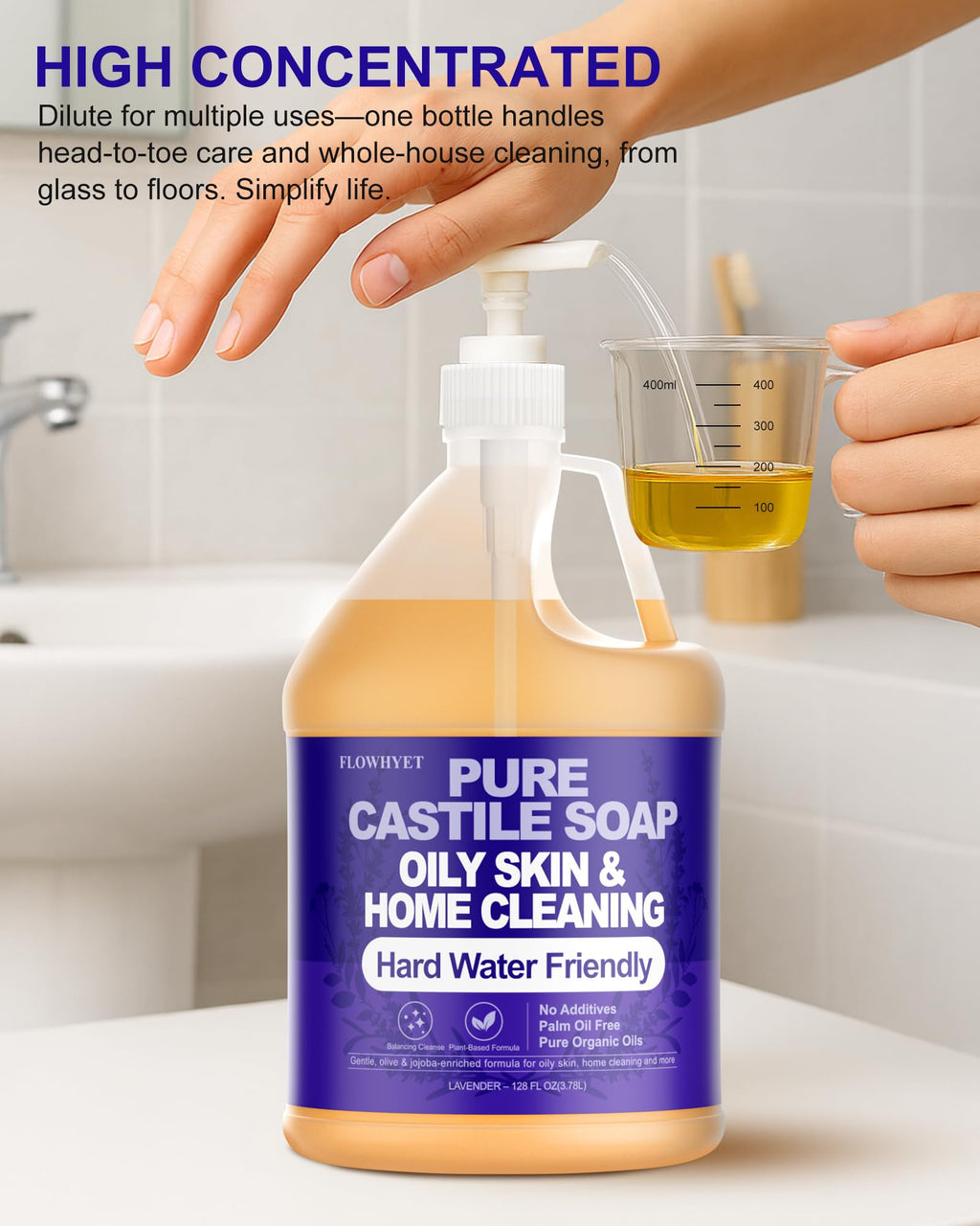 FLOWHYET Pure Castile Soap Lavender – 1 Gallon Refill, Natural Organic Body Wash for Oily Skin & Hard Water