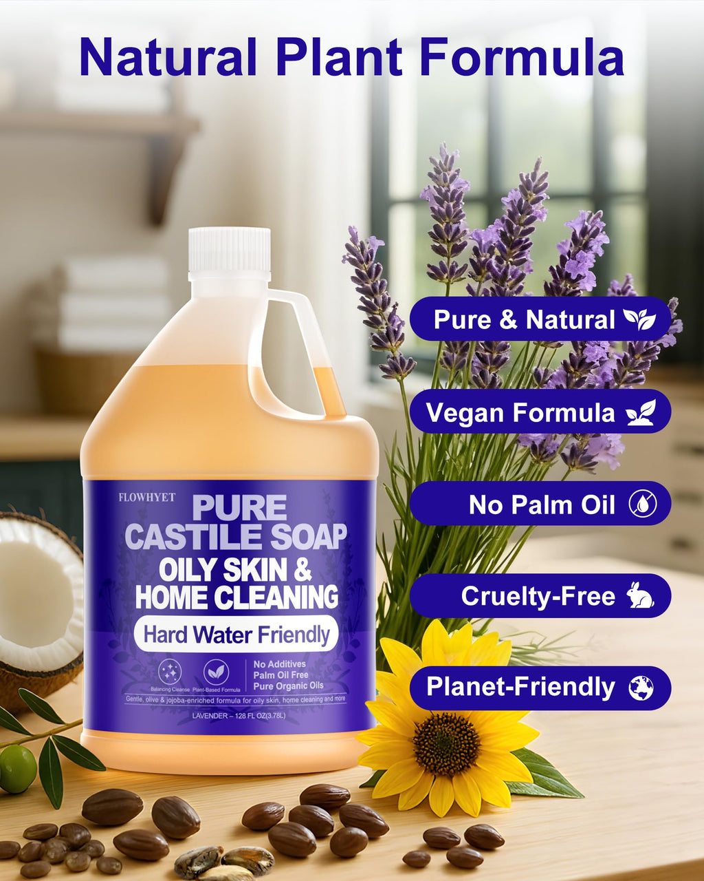 FLOWHYET Pure Castile Soap Lavender – 1 Gallon Refill, Natural Organic Body Wash for Oily Skin & Hard Water