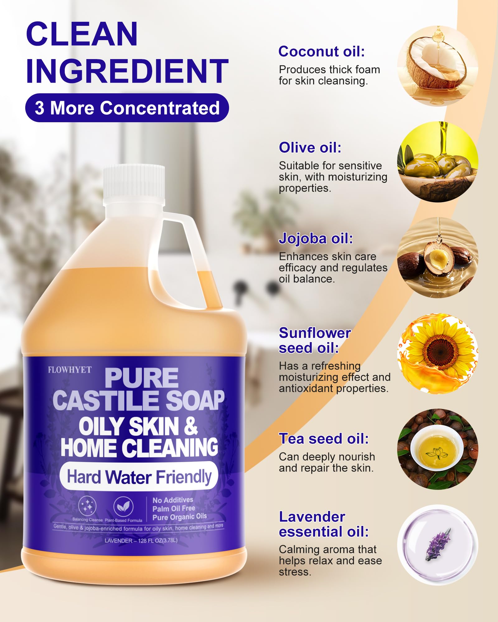 FLOWHYET Pure Castile Soap Lavender – 1 Gallon Refill, Natural Organic Body Wash for Oily Skin & Hard Water