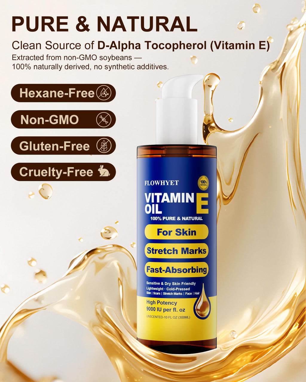 FLOWHYET 16 oz Pure Vitamin E Oil – Organic, Cold-Pressed, Hexane-Free