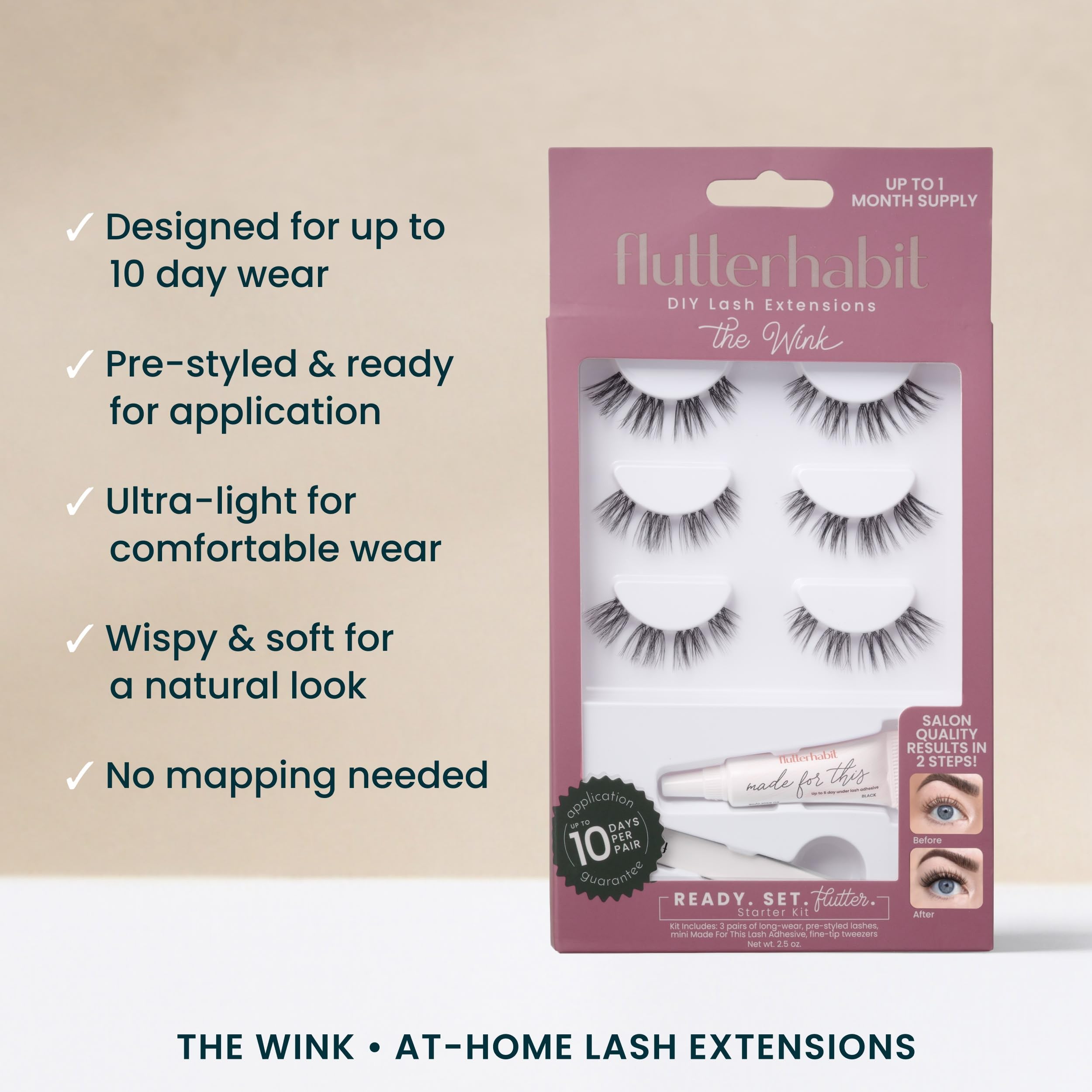 FlutterHabit Wink Ready Set Starter Kit – DIY Eyelash Extensions, 3 Lash Sets + Adhesive