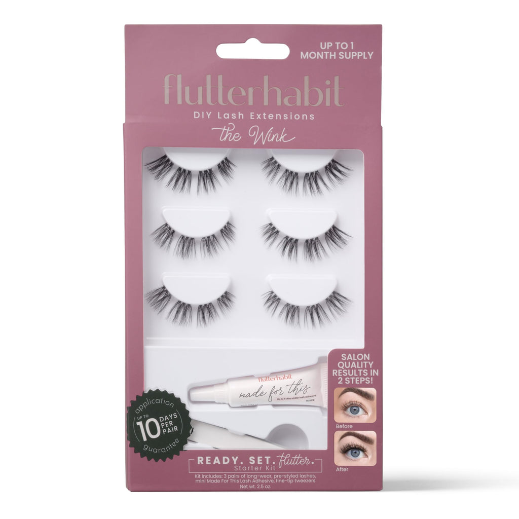 FlutterHabit Wink Ready Set Starter Kit – DIY Eyelash Extensions, 3 Lash Sets + Adhesive
