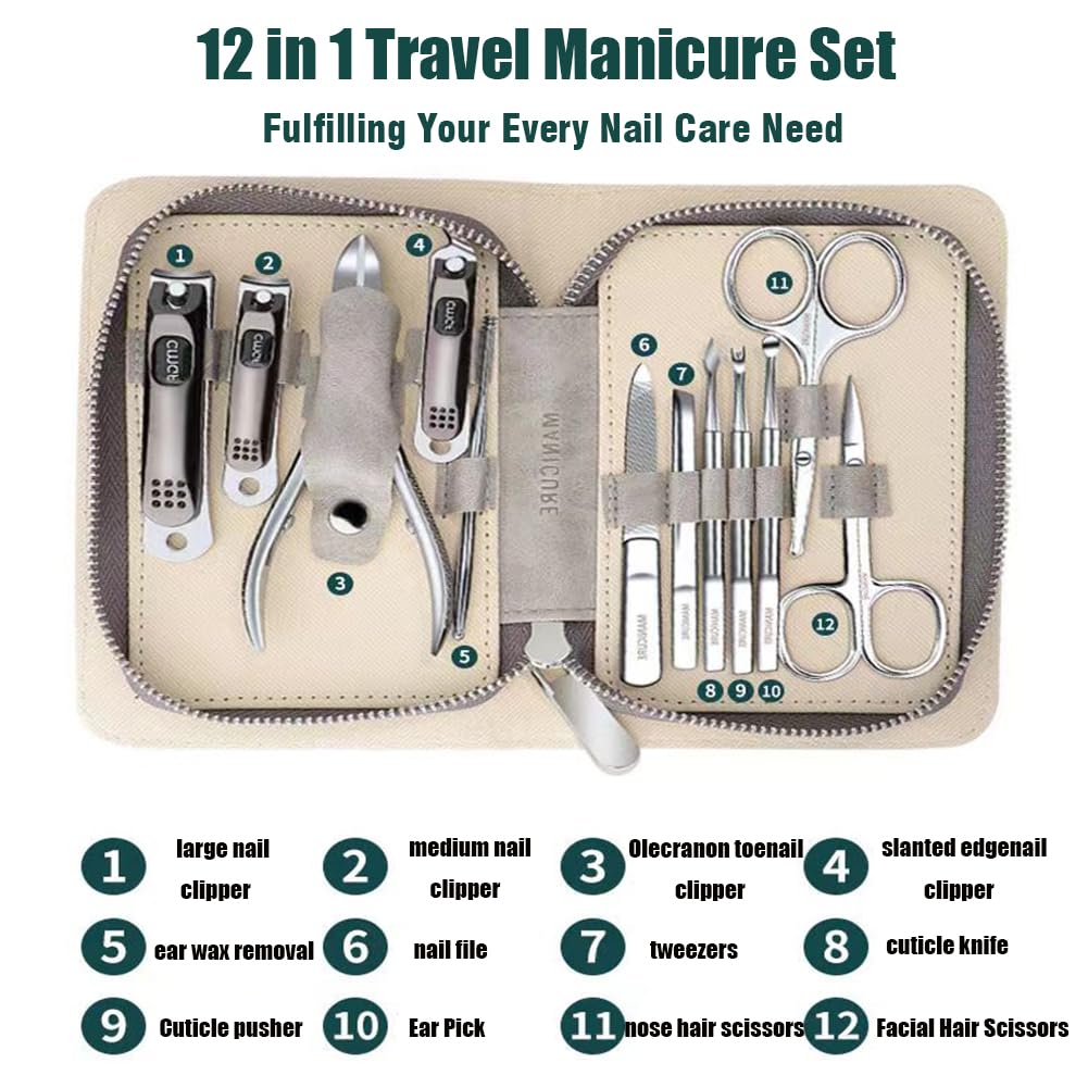 FNCIXING Professional 12-in-1 Manicure Kit – Stainless Steel Tools in Grey Case