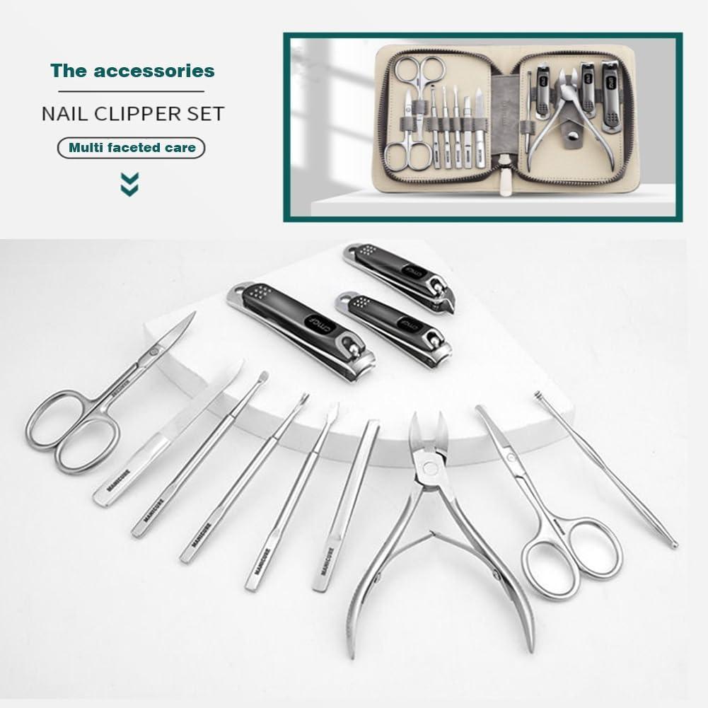FNCIXING Professional 12-in-1 Manicure Kit – Stainless Steel Tools in Grey Case