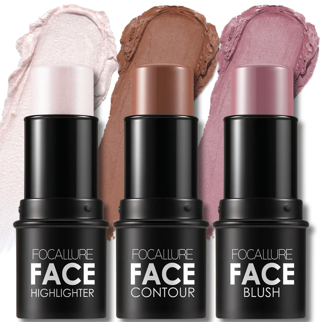 FOCALLURE 3 Pcs Cream Contour Sticks – Contour, Bronzer & Highlighter Kit | Lightweight, Long-Wear