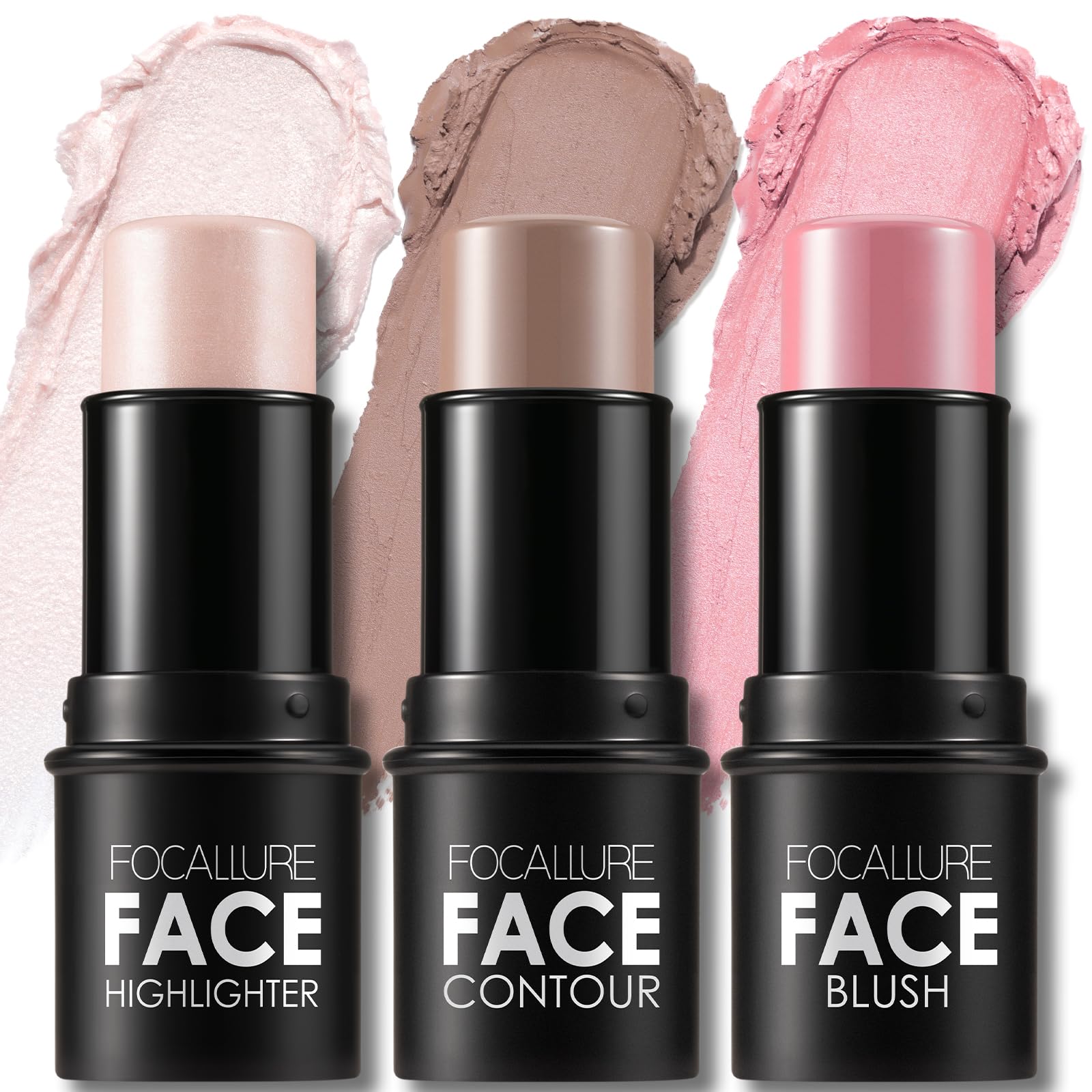 FOCALLURE 3 Pcs Cream Contour Sticks – Highlighter, Bronzer & Blush Kit | Lightweight, Non-Greasy, Long-Wear (Fair-Light)