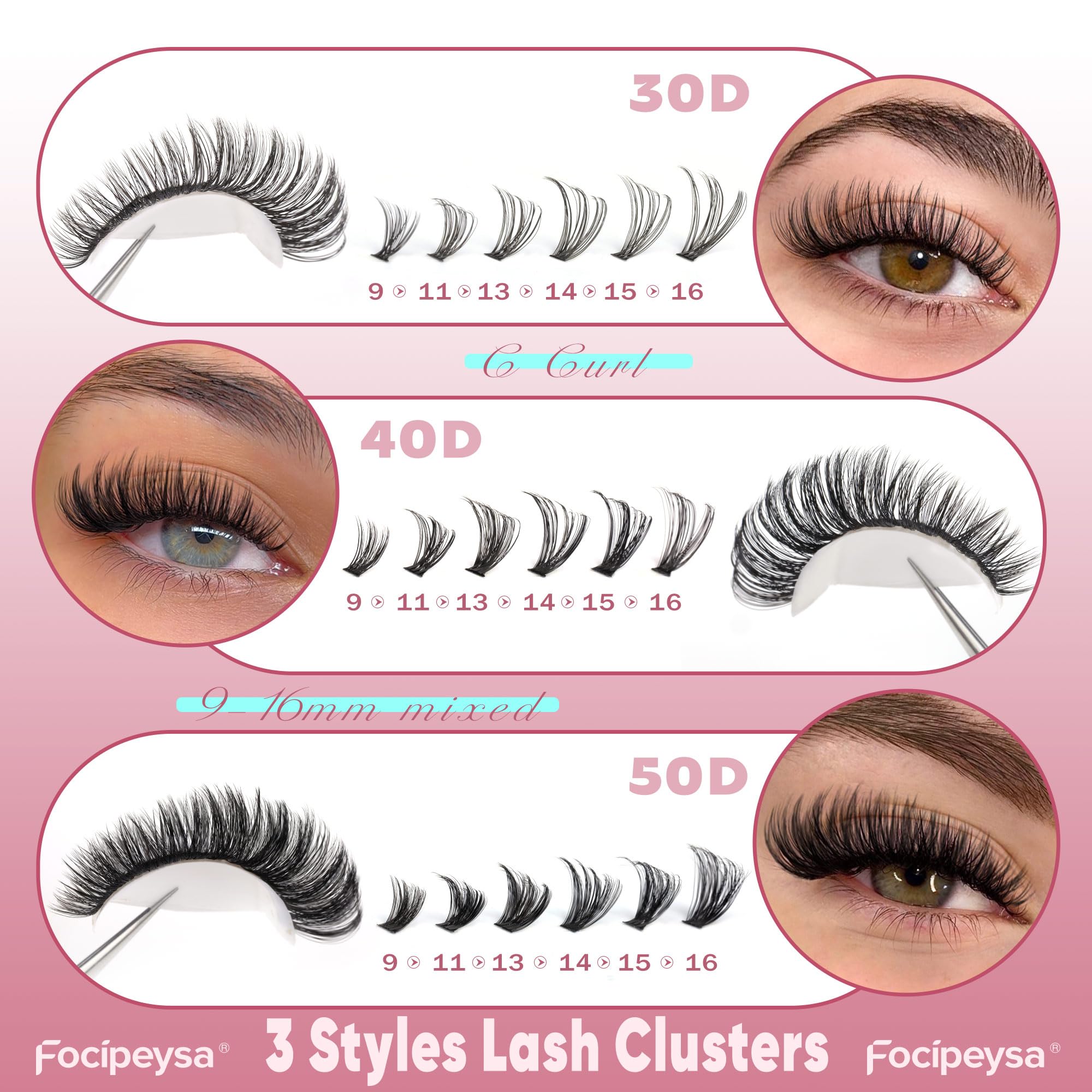 Focipeysa Wispy Lash Clusters 360pcs – DIY Eyelash Extensions 9–16mm 30D-50D