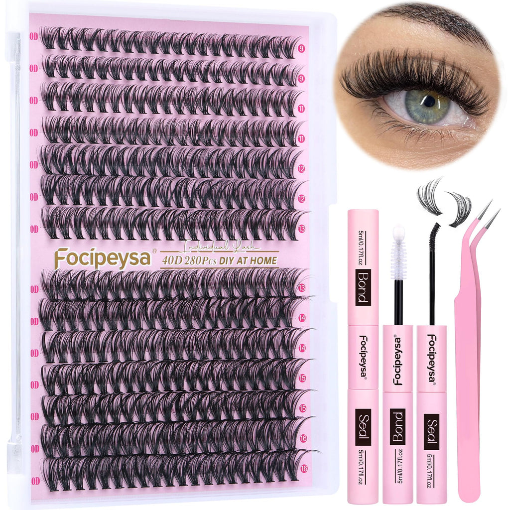 Focipeysa Eyelash Extension Kit – D Curl Clusters 280pcs for DIY Beginners
