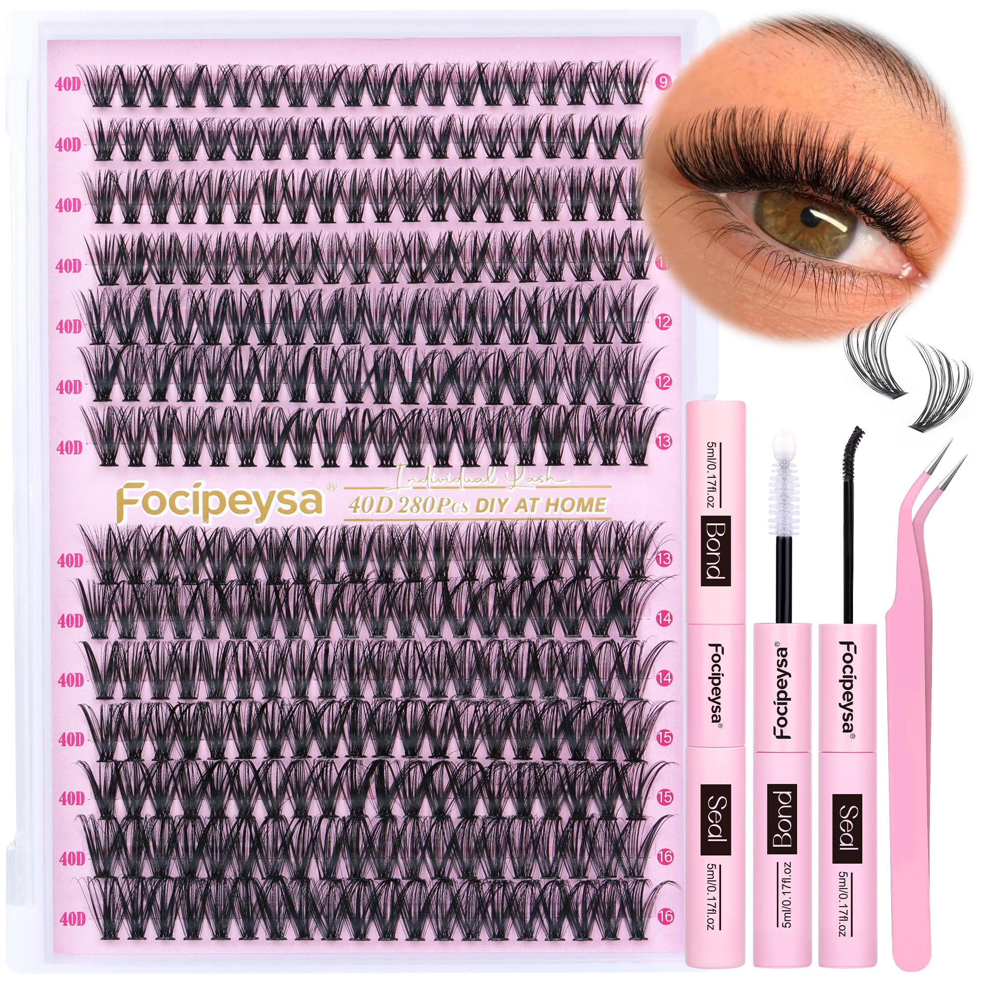 Focipeysa Eyelash Extension Kit – D Curl Clusters 280pcs for DIY Beginners