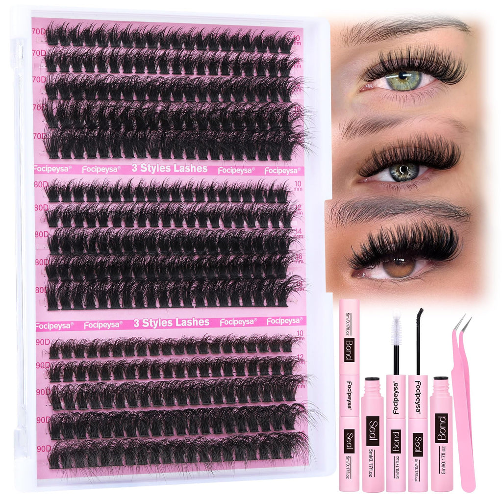 Focipeysa Full Volume Lash Extension Kit 70D/80D/90D — DIY Lash Clusters 10-18mm