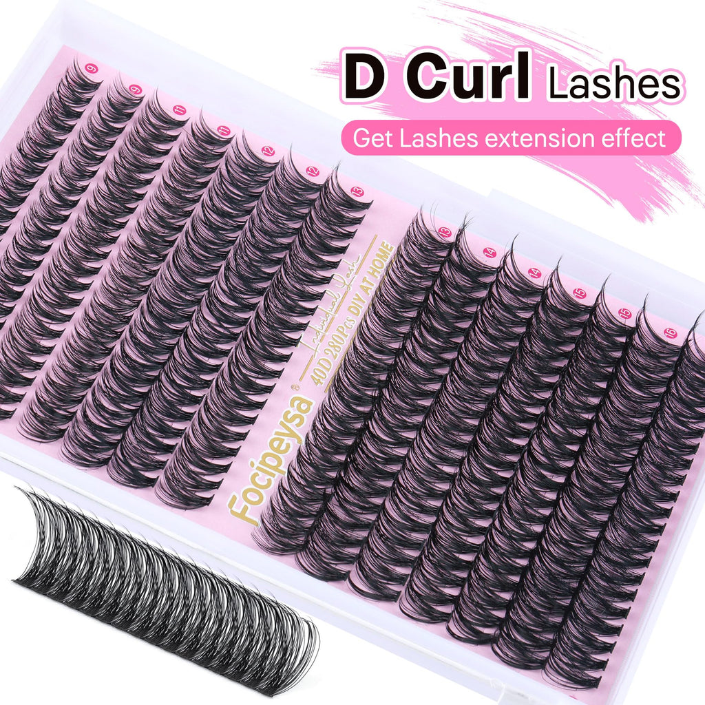Focipeysa Eyelash Extension Kit – D Curl Clusters 280pcs for DIY Beginners