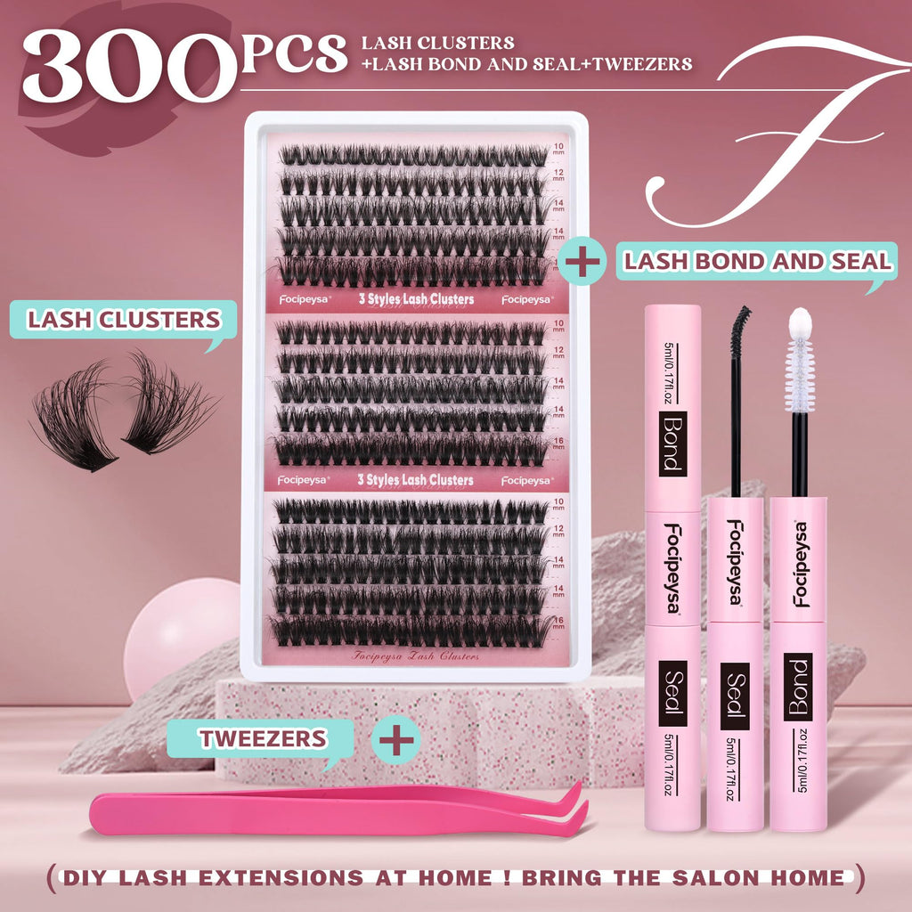 Focipeysa Lash Extension Kit 300pcs – DIY Volume Clusters 9-16mm (60D-80D)