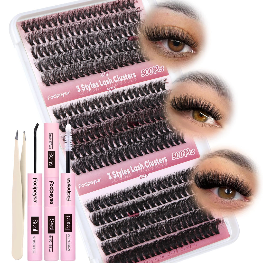 Focipeysa Lash Extension Kit 300pcs – DIY Volume Clusters 9-16mm (60D-80D)