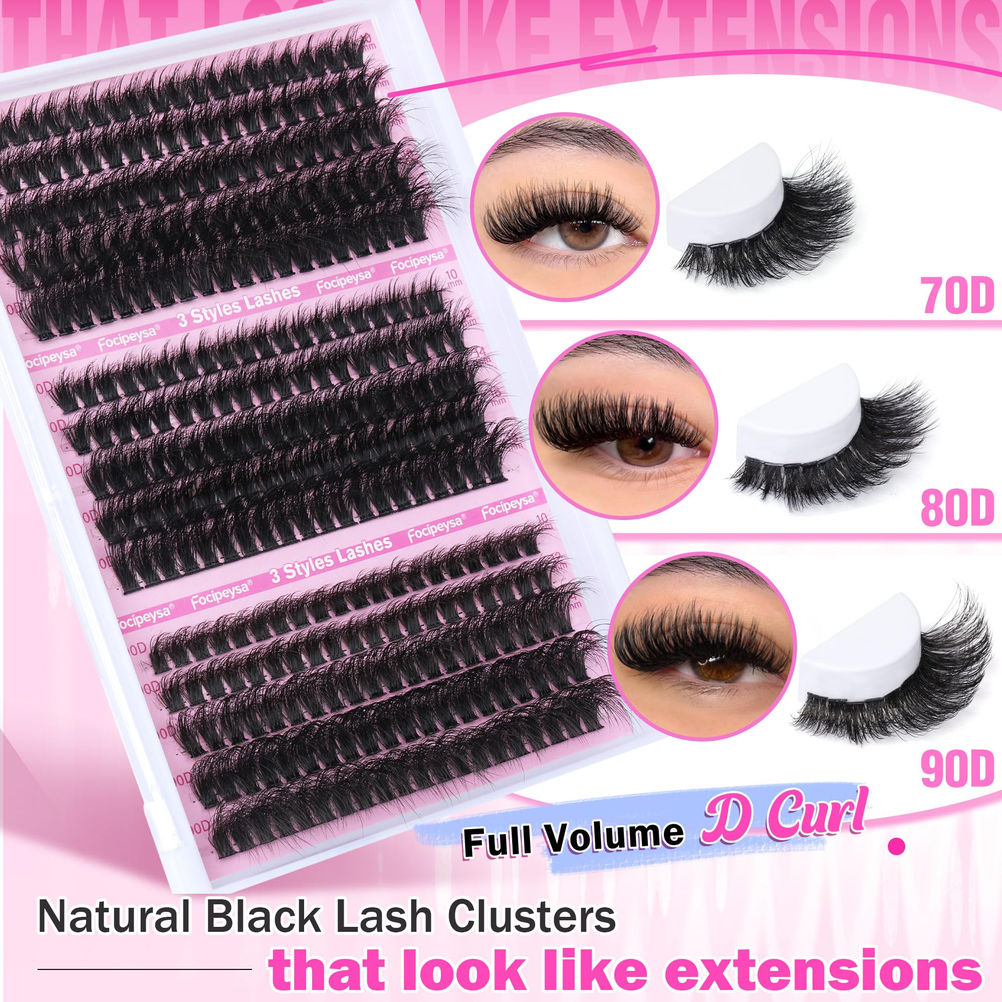Focipeysa Full Volume Lash Extension Kit 70D/80D/90D — DIY Lash Clusters 10-18mm