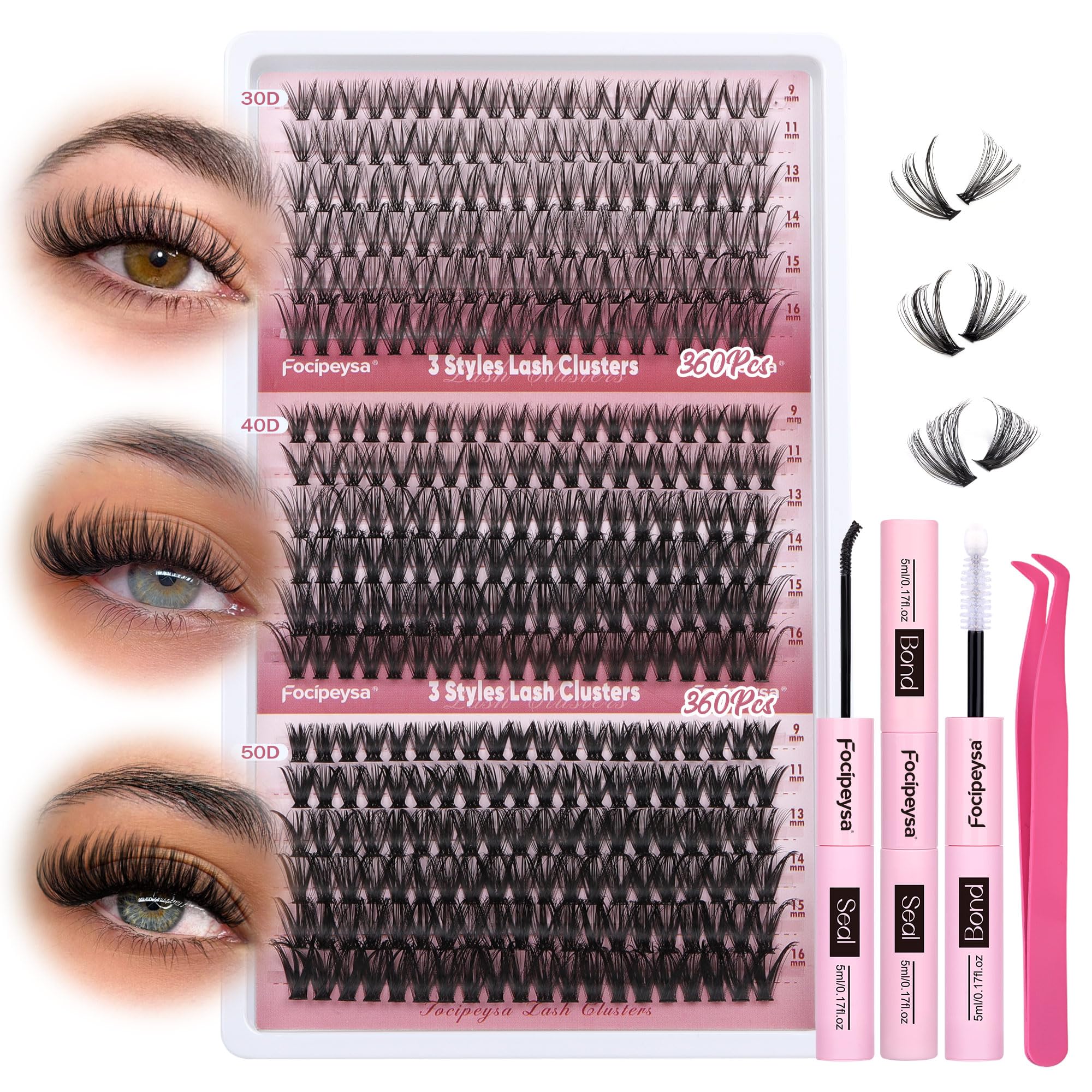 Focipeysa Wispy Lash Clusters 360pcs – DIY Eyelash Extensions 9–16mm 30D-50D