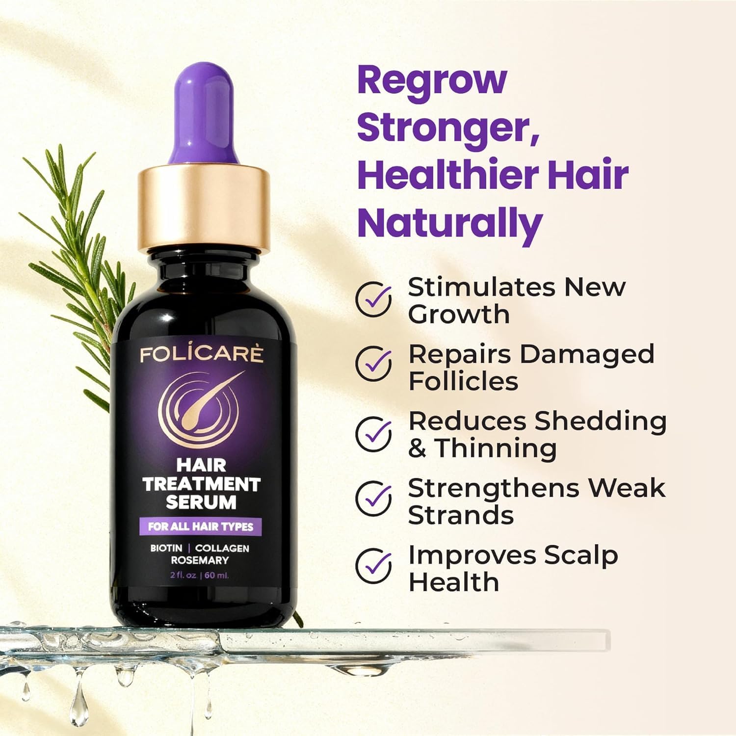 FOLICARE Hair Growth & Thickening Serum — Biotin & Rosemary, 1 Pack