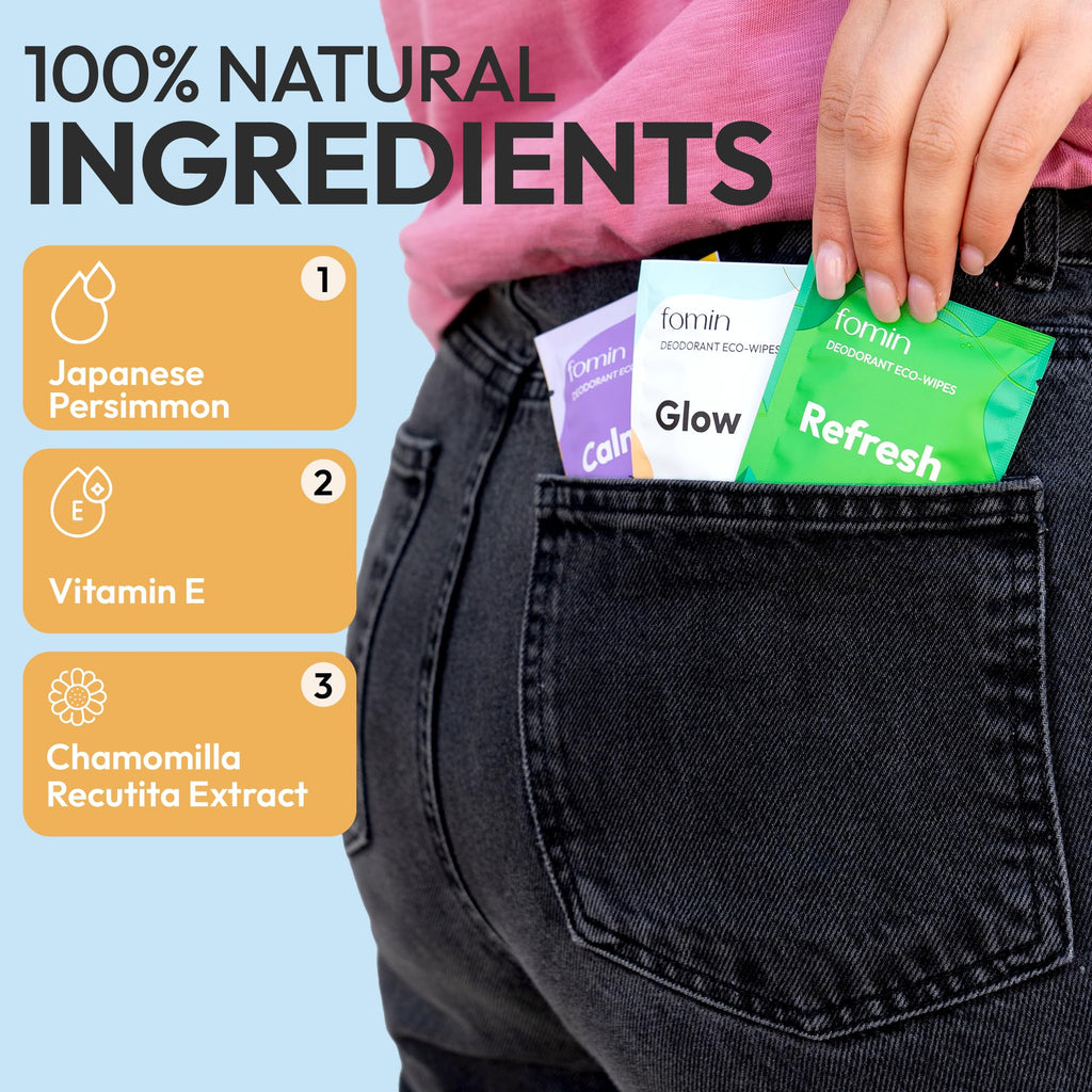 FOMIN Travel Deodorant Wipes – 50 Count, Glowing Coconut & Vanilla, pH Balanced, Plastic-Free