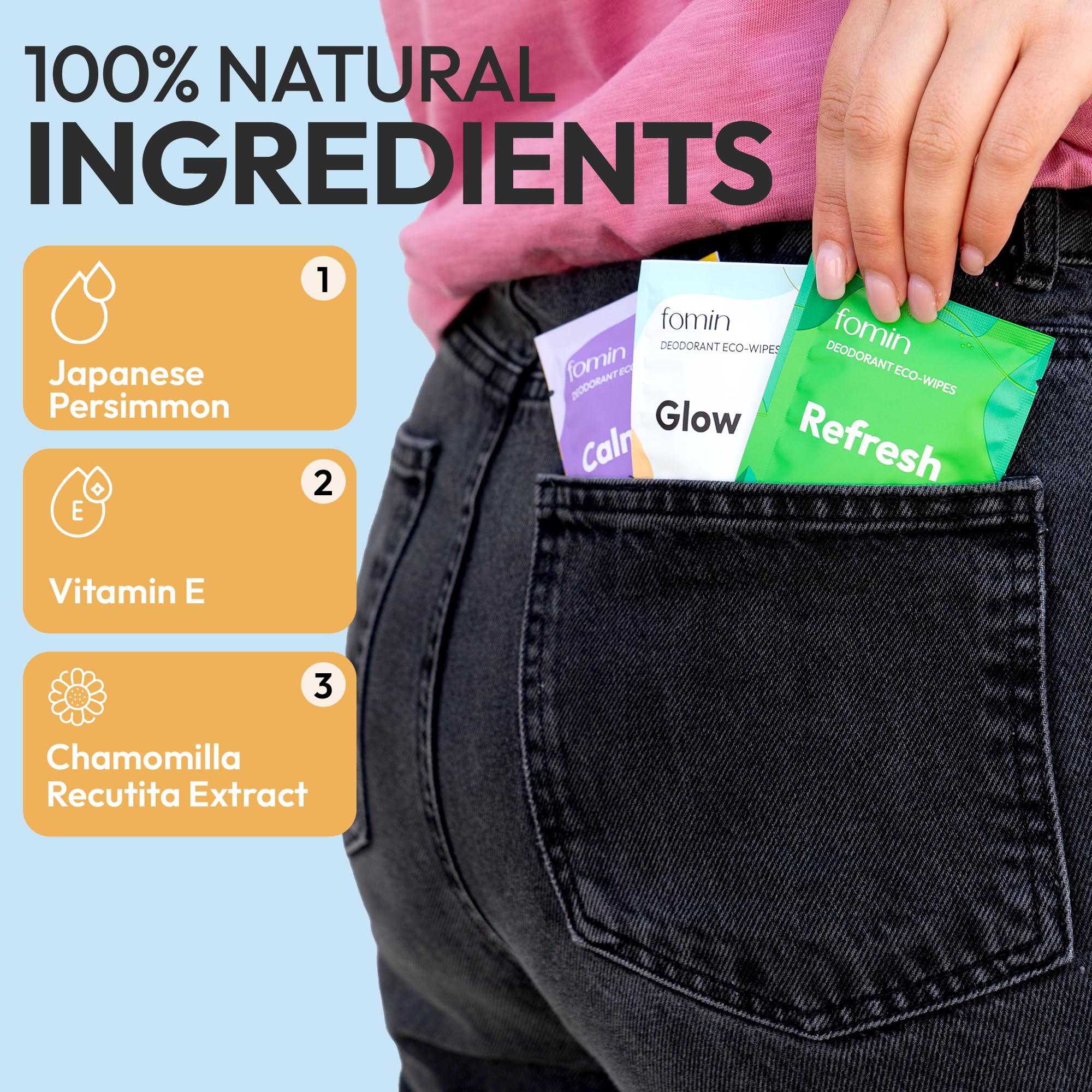 FOMIN Travel Deodorant Wipes – 50 Count, Glowing Coconut & Vanilla, pH Balanced, Plastic-Free