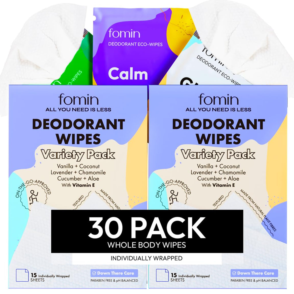 FOMIN Travel Deodorant Wipes – 30 Count Variety Pack | pH Balanced, Hypoallergenic, Plastic-Free