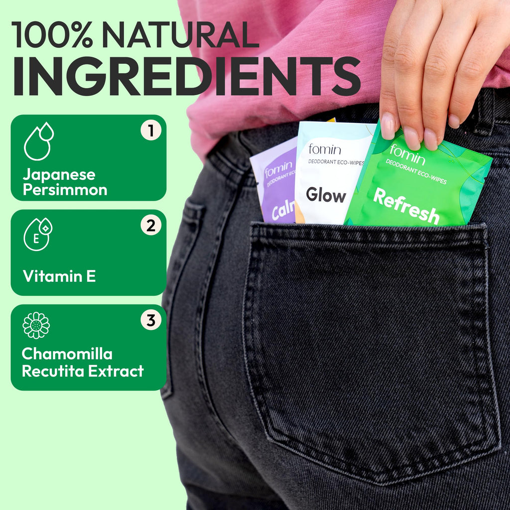 FOMIN Travel Deodorant Wipes – 50 Count | Cucumber & Aloe, pH Balanced, Hypoallergenic, Plastic-Free