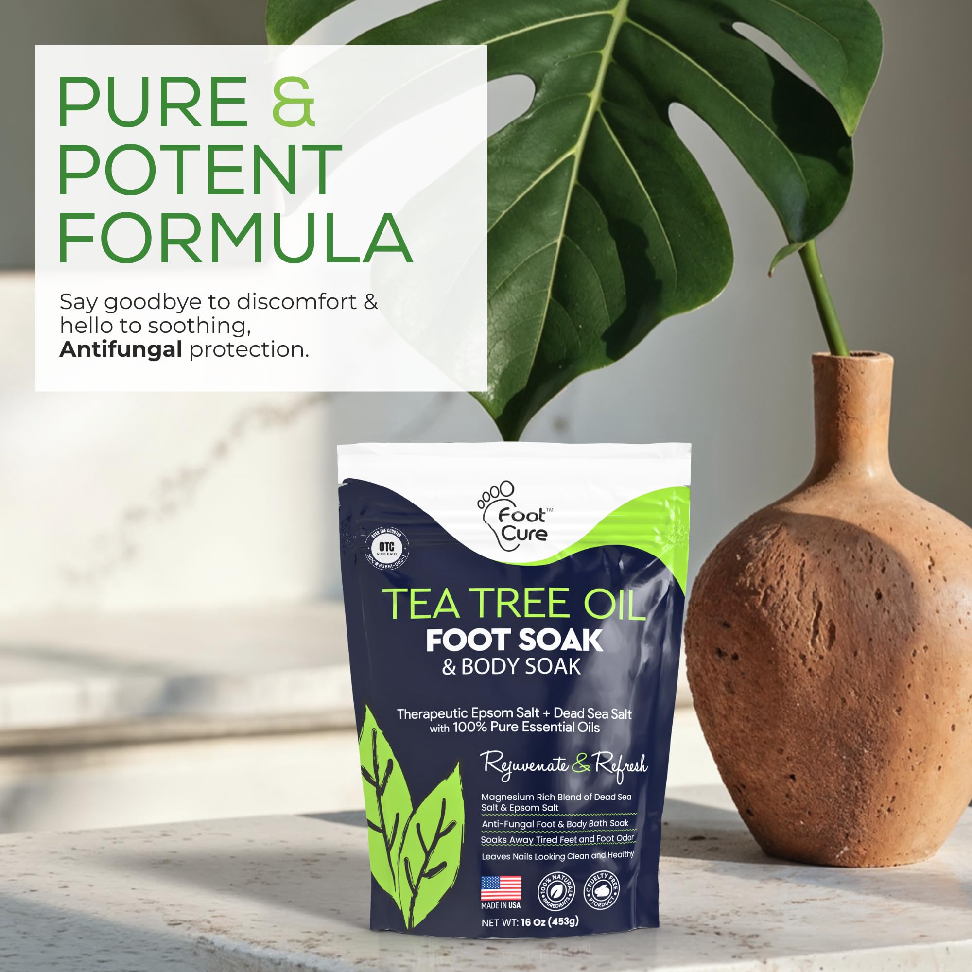 FOOT CURE Tea Tree Oil Foot Soak with Epsom Salt | Soothes Feet, Softens Calluses, Odor Control | Made in USA 16 oz