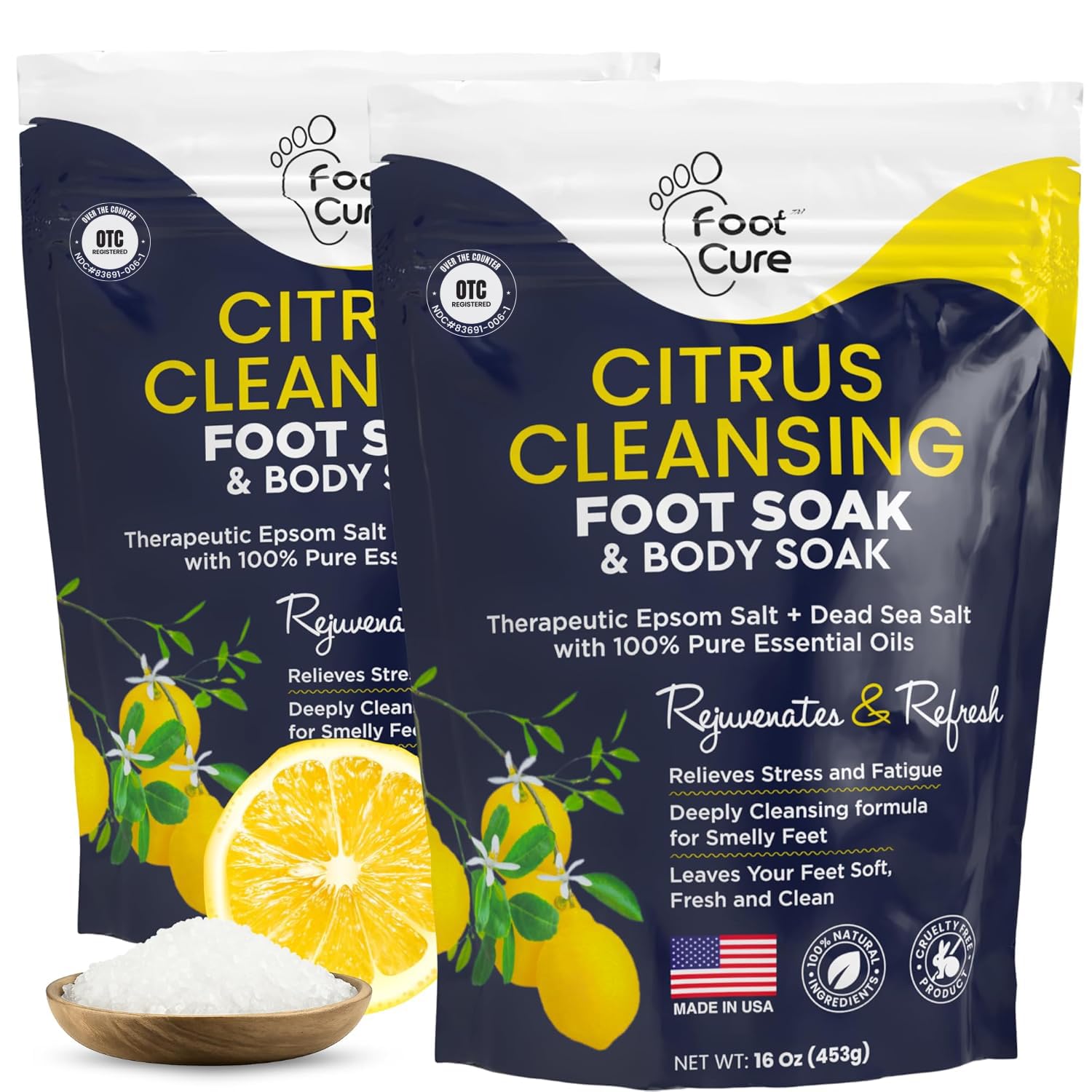 FOOT CURE Citrus Detox Foot Soak – Epsom & Dead Sea Salts (16 oz x 2)