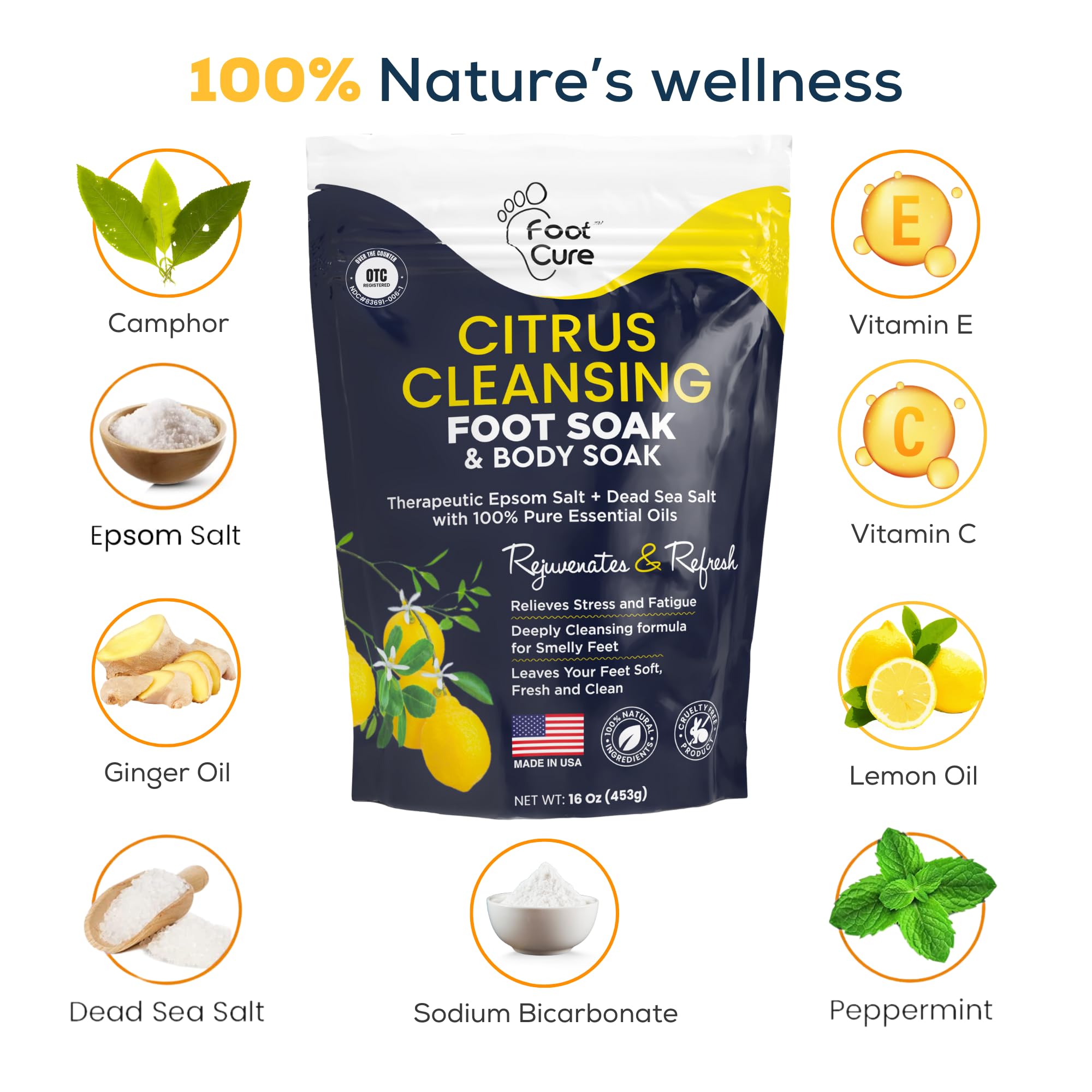 FOOT CURE Citrus Detox Foot Soak – Epsom & Dead Sea Salts (16 oz x 2)