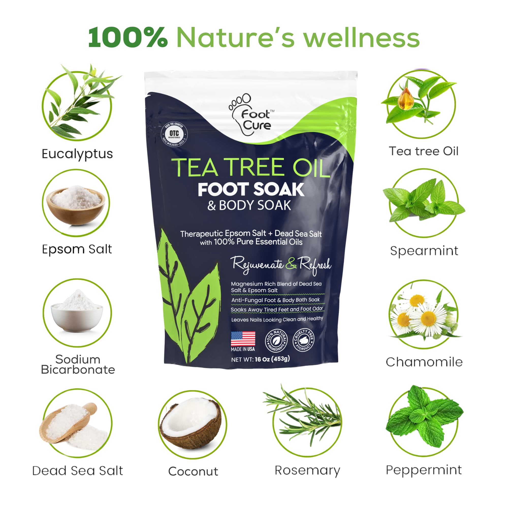 FOOT CURE Tea Tree Oil Foot Soak with Epsom Salt | Soothes Feet, Softens Calluses, Odor Control | Made in USA 16 oz