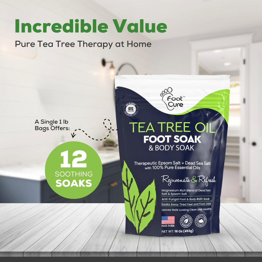 FOOT CURE Tea Tree Oil Foot Soak with Epsom Salt | Soothes Feet, Softens Calluses, Odor Control | Made in USA 16 oz