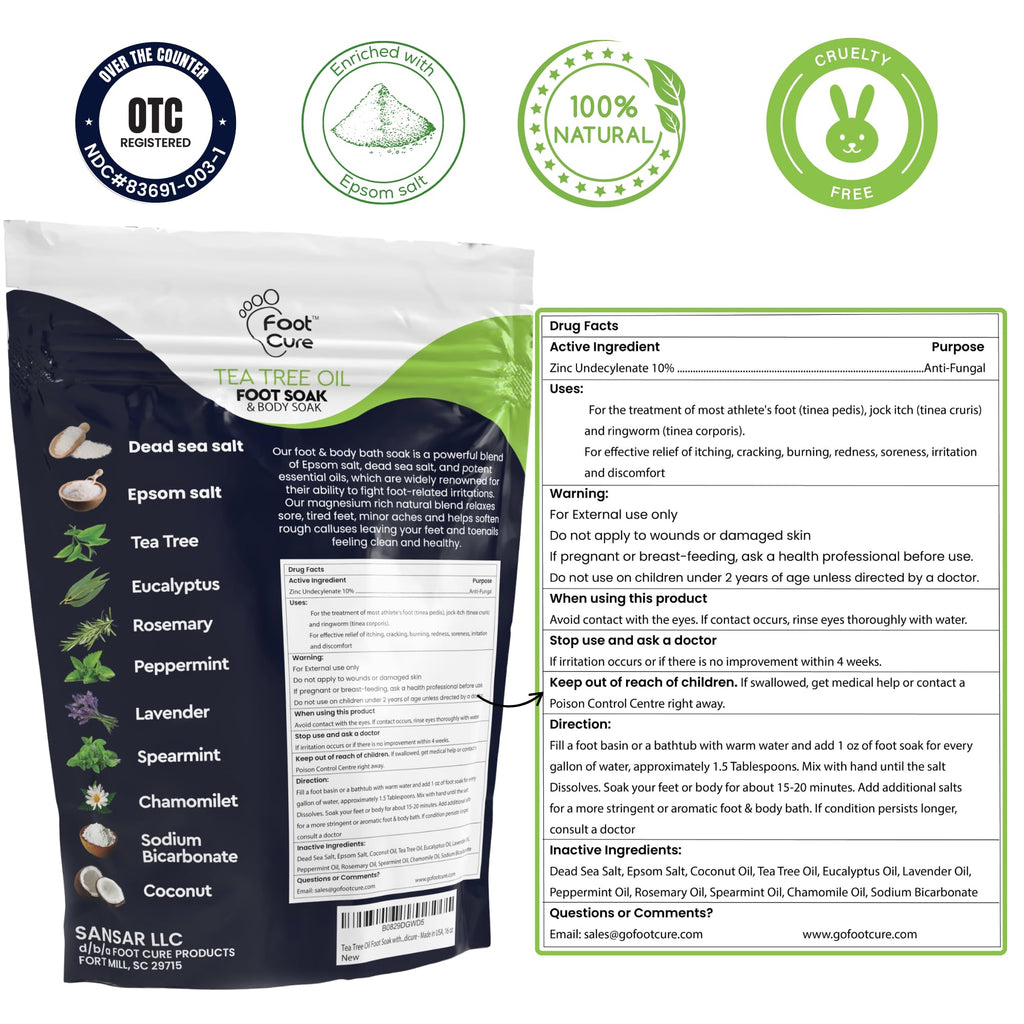 FOOT CURE Tea Tree Oil & Soothing Lavender Foot Soak with Epsom Salt – 16 oz Pack of 2 for Spa Pedicure & Softened Calluses