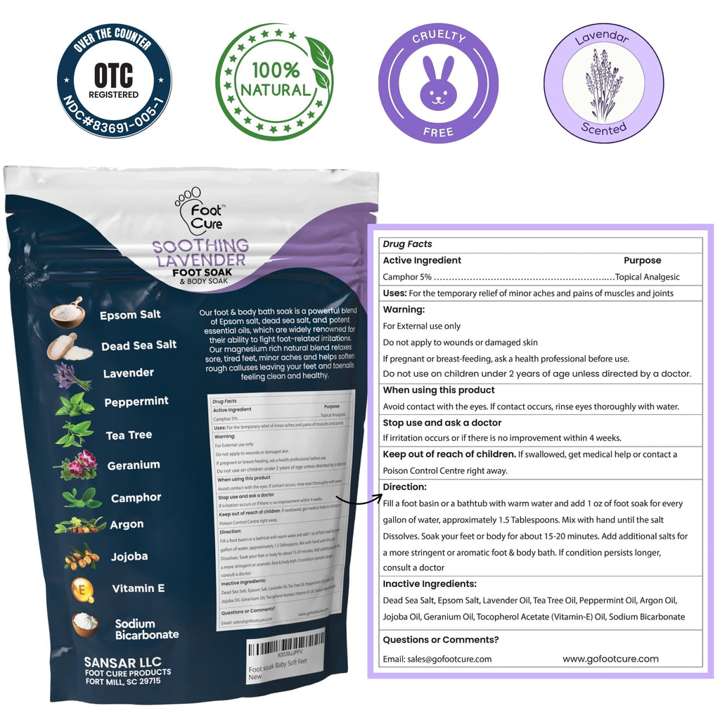 FOOT CURE Tea Tree Oil & Soothing Lavender Foot Soak with Epsom Salt – 16 oz Pack of 2 for Spa Pedicure & Softened Calluses
