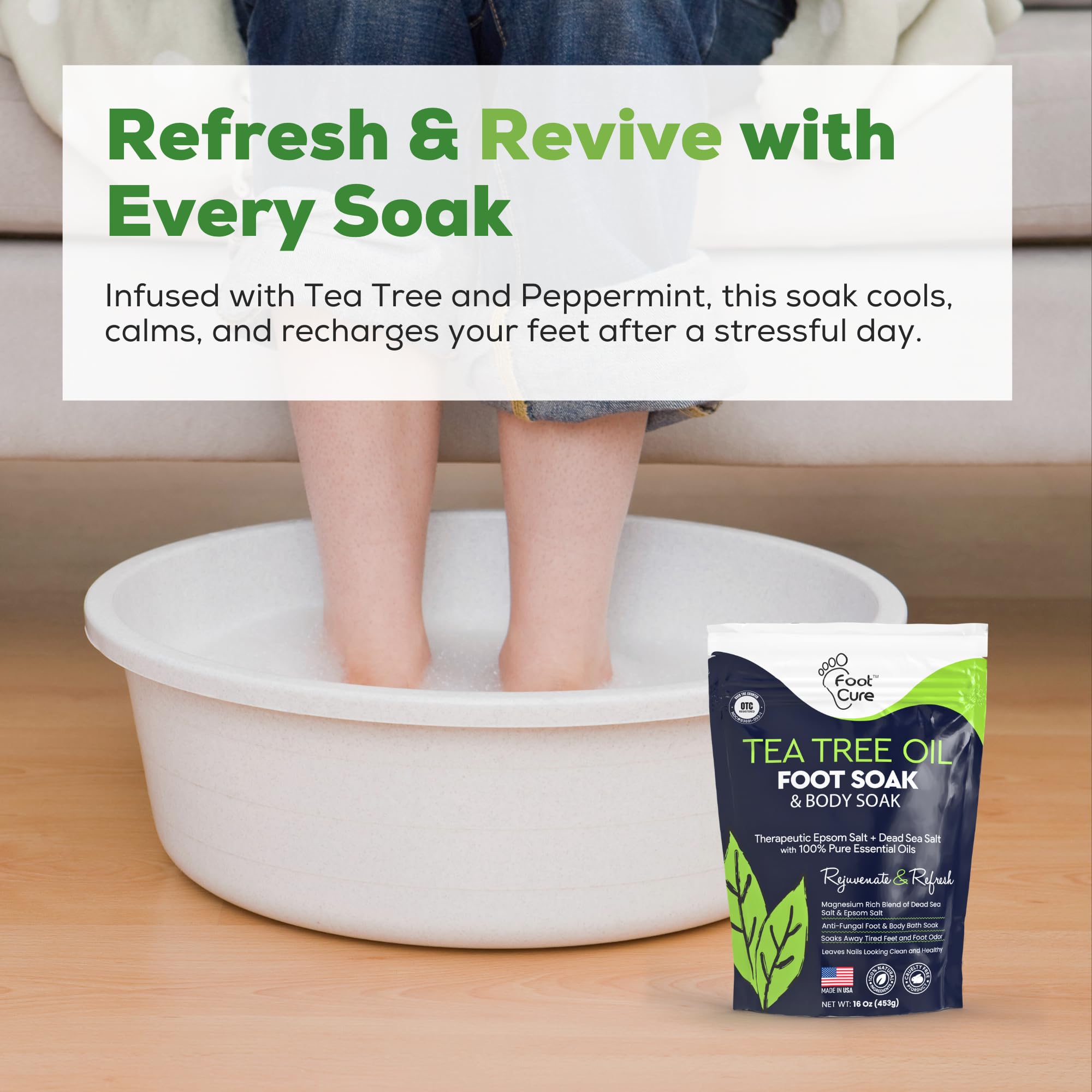FOOT CURE Tea Tree Oil Foot Soak with Epsom Salt | Soothes Feet, Softens Calluses, Odor Control | Made in USA 16 oz