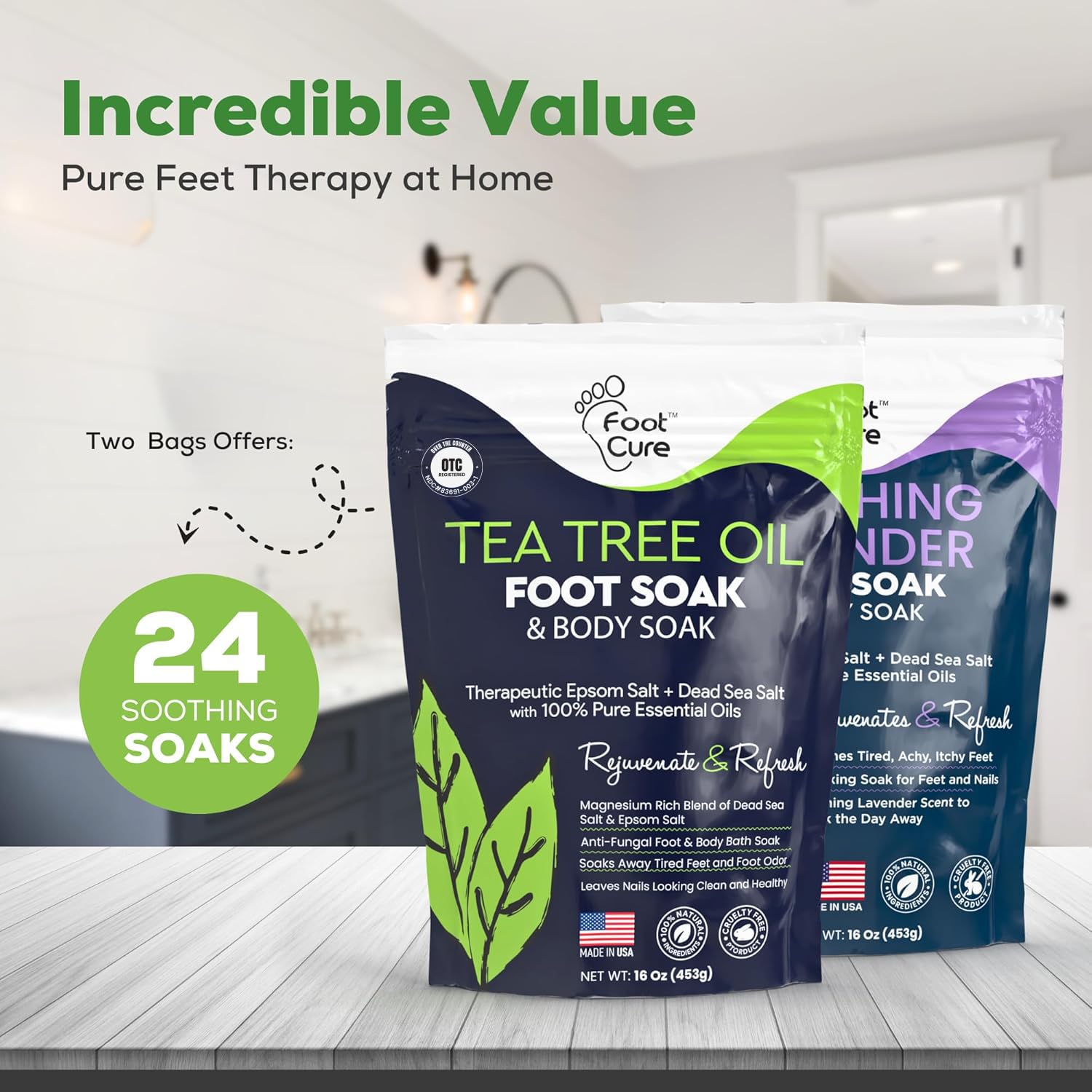 FOOT CURE Tea Tree Oil & Soothing Lavender Foot Soak with Epsom Salt – 16 oz Pack of 2 for Spa Pedicure & Softened Calluses