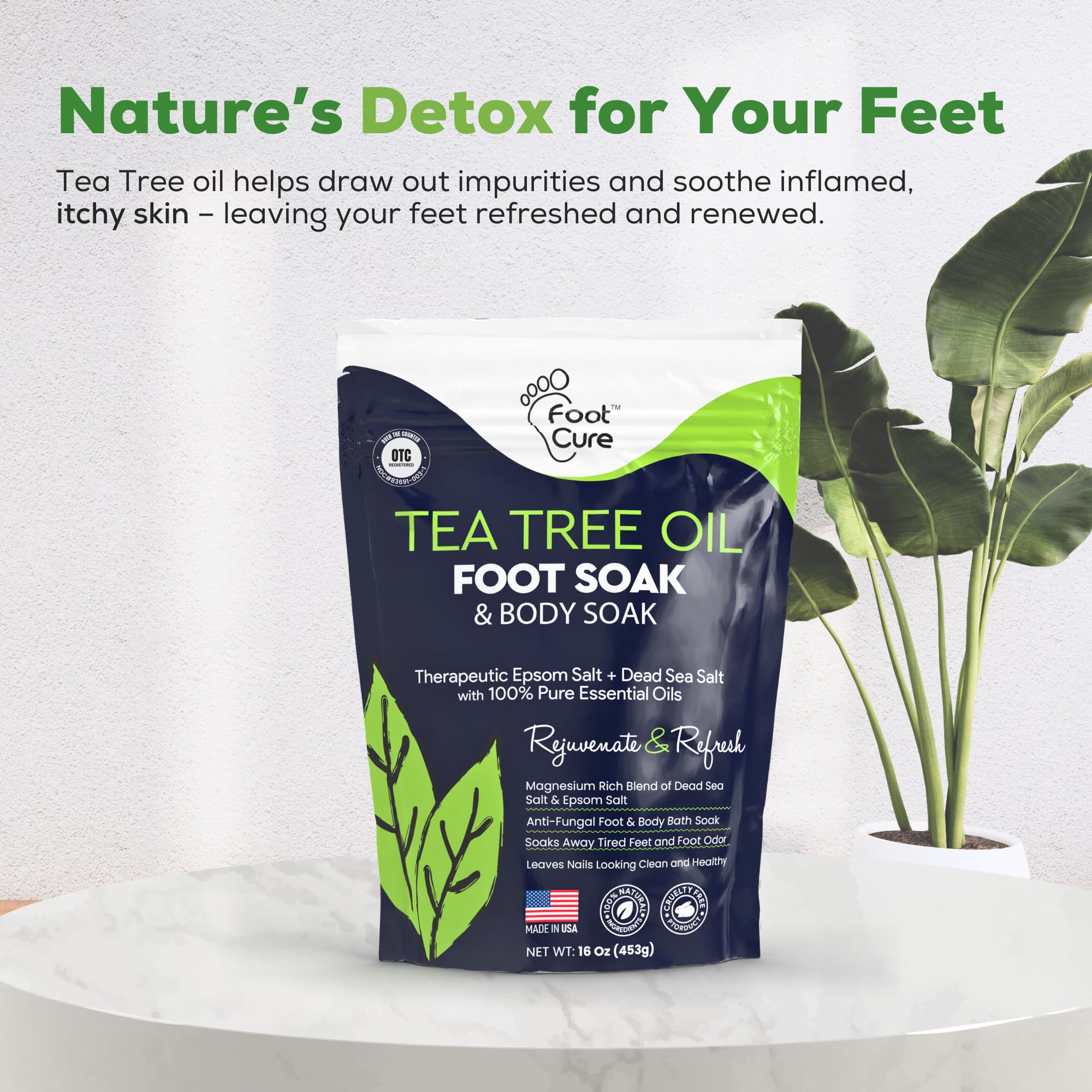 FOOT CURE Tea Tree Oil Foot Soak with Epsom Salt | Soothes Feet, Softens Calluses, Odor Control | Made in USA 16 oz