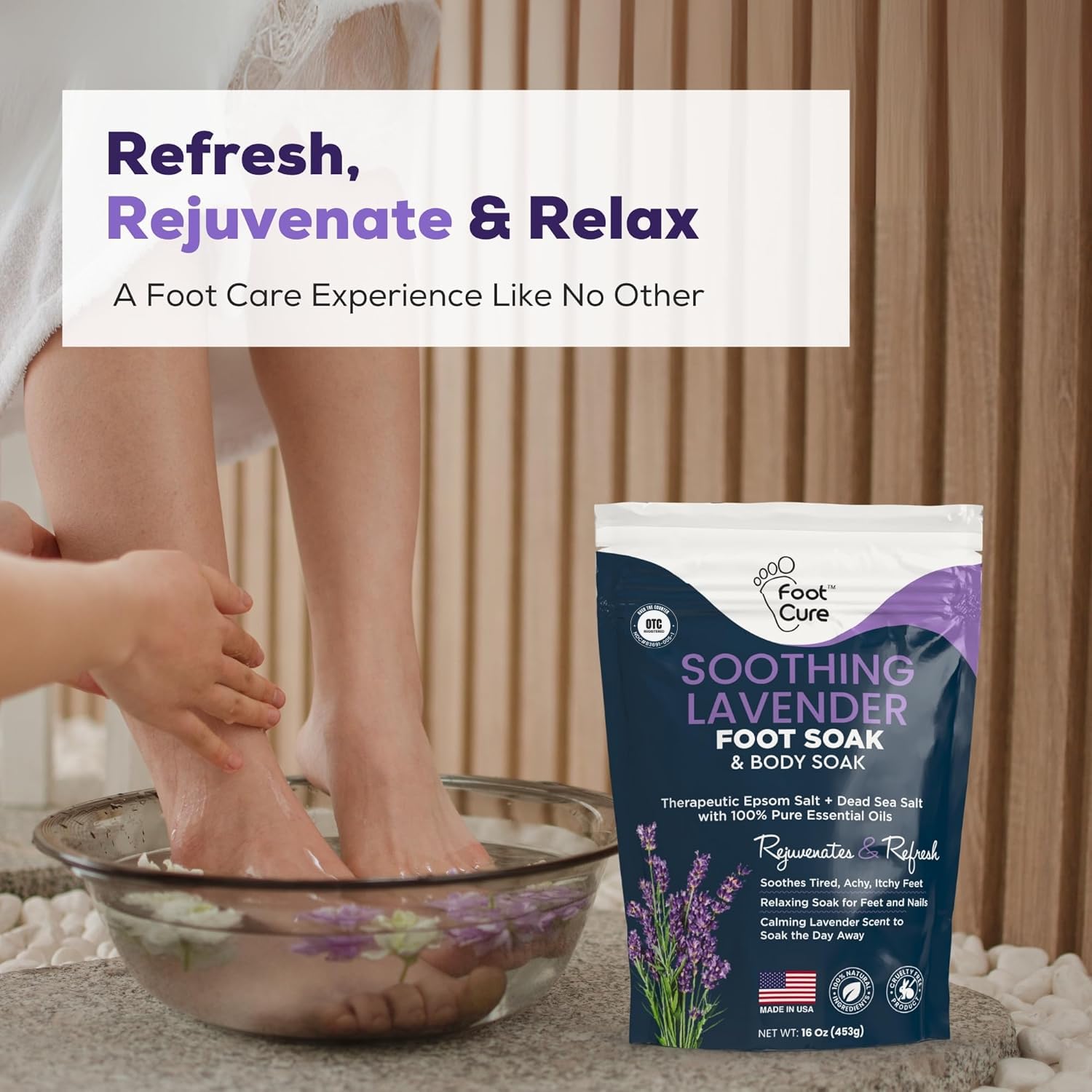 FOOT CURE Tea Tree Oil & Soothing Lavender Foot Soak with Epsom Salt – 16 oz Pack of 2 for Spa Pedicure & Softened Calluses