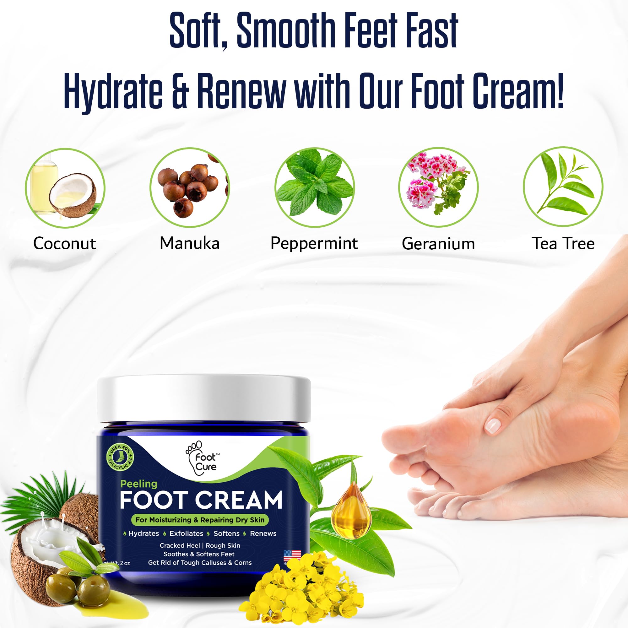 FOOT CURE Tea Tree Oil Foot Cream – Hydrating Foot Care for Dry, Cracked Feet, Heel & Callus Treatment (2 oz)