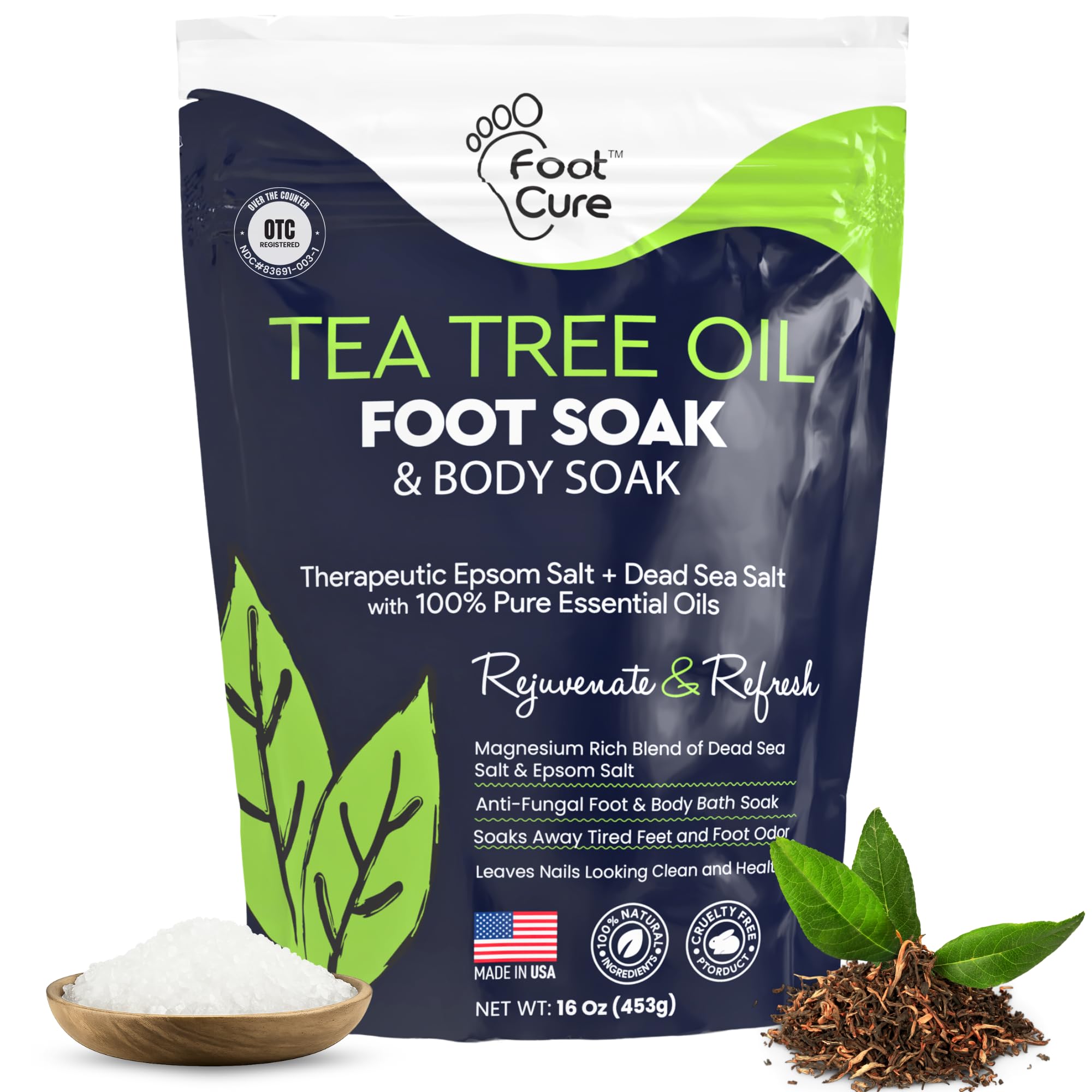 FOOT CURE Tea Tree Oil Foot Soak with Epsom Salt | Soothes Feet, Softens Calluses, Odor Control | Made in USA 16 oz