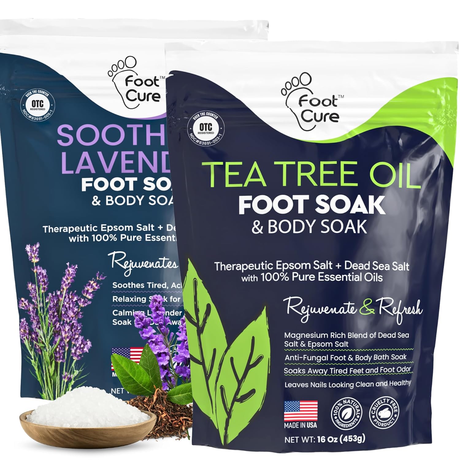 FOOT CURE Tea Tree Oil & Soothing Lavender Foot Soak with Epsom Salt – 16 oz Pack of 2 for Spa Pedicure & Softened Calluses