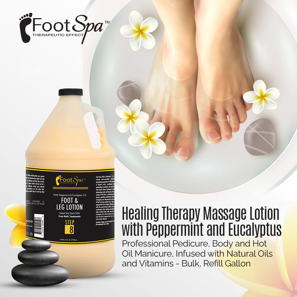 FootSpa Healing Therapy Massage Lotion — 128 oz Bulk, Peppermint & Eucalyptus, Spa-Grade Pedicure & Body Care