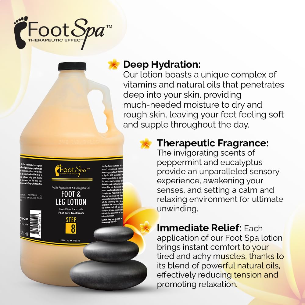 FootSpa Healing Therapy Massage Lotion — 128 oz Bulk, Peppermint & Eucalyptus, Spa-Grade Pedicure & Body Care
